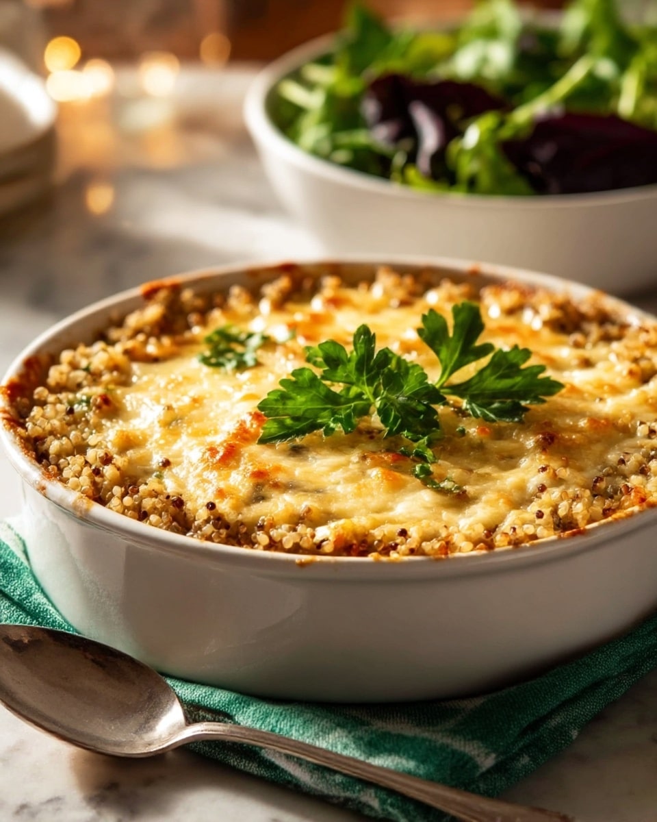 A white round baking dish filled with a two-layer casserole is shown, with the bottom layer consisting of light beige quinoa grains with small dark specks, and the top layer a golden-brown melted cheese crust that appears bubbly and slightly crispy, garnished with fresh green parsley leaves placed in the center. The dish rests on a folded green and white cloth on a white marbled surface, with a silver spoon beside it. In the blurred background, a white bowl contains a green salad with dark purple leafy vegetables. The lighting is warm with soft highlights on the casserole, creating an inviting atmosphere. Photo taken with an iphone --ar 4:5 --v 7