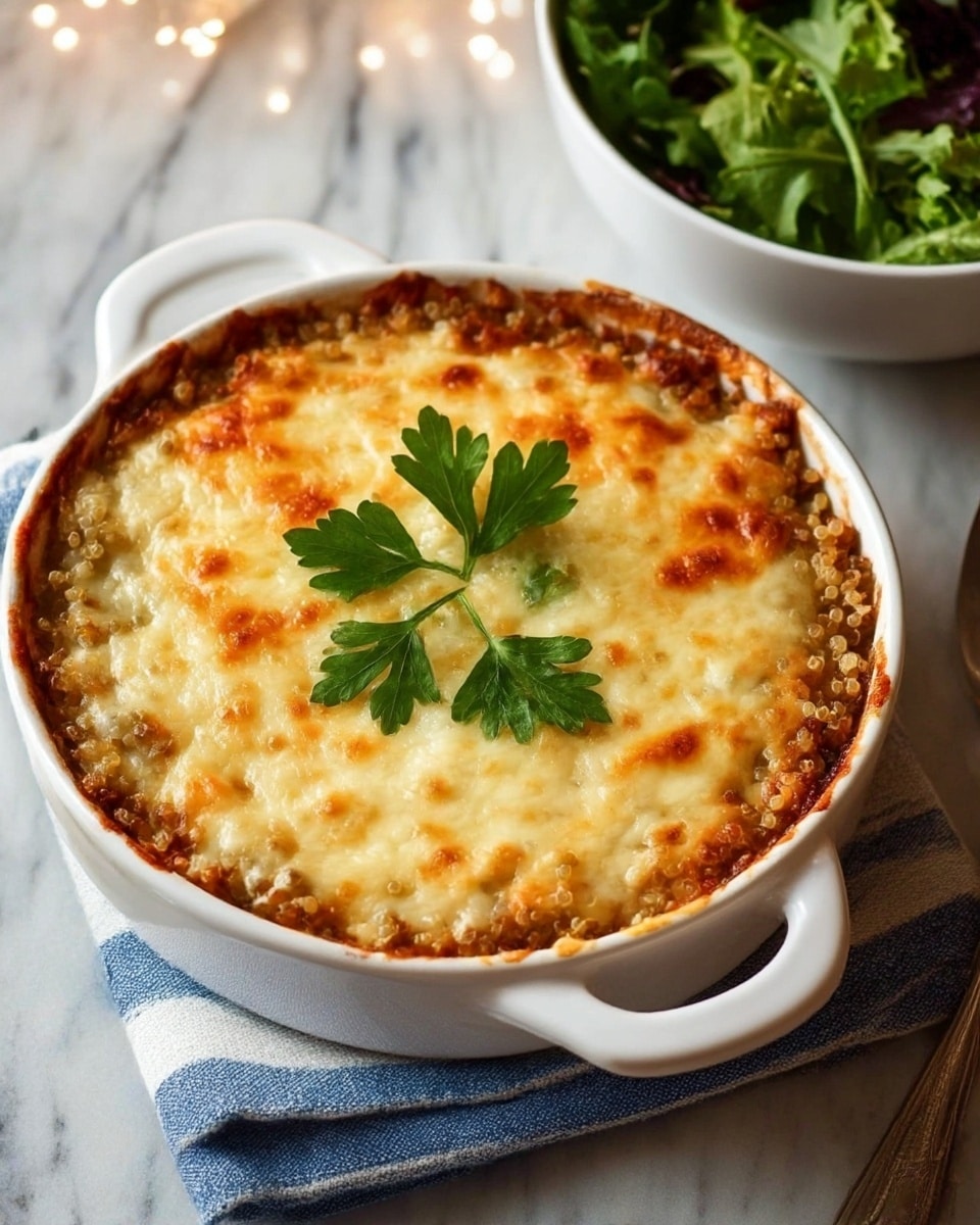 The dish is a baked casserole served in a white round casserole dish with handles on each side. The bottom layer is made of light beige cooked quinoa with visible small seeds. The top layer is a golden-brown melted cheese crust with some bubbly, lightly burnt spots and a soft, stringy texture. Fresh green parsley leaves are placed in the center as a garnish. The casserole dish is set on a white marbled surface, with a folded blue and white cloth napkin underneath. In the background, there is a white bowl with a green leafy salad, slightly out of focus, adding depth to the composition. Photo taken with an iphone --ar 4:5 --v 7