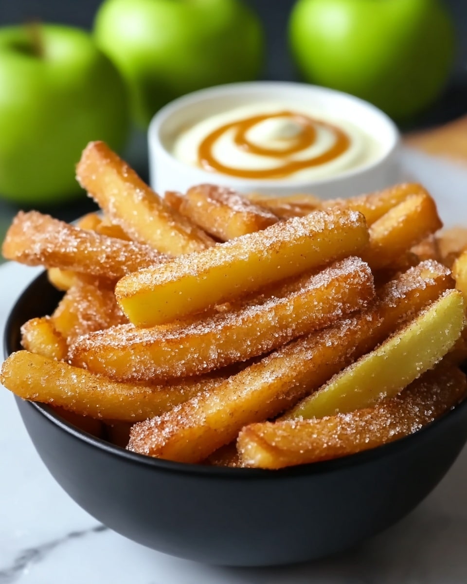 A close-up image of a black bowl filled with crisp, golden brown apple fries sprinkled with white sugar and cinnamon powder, showing the light yellow-green skin on some fries. Behind the bowl is a small white bowl of white dipping sauce with a swirl of caramel on top, set against a white marbled surface with blurred green apples in the background. The apple fries are stacked in layers, filling the bowl fully and slightly spilling over the top edges. Photo taken with an iphone --ar 4:5 --v 7