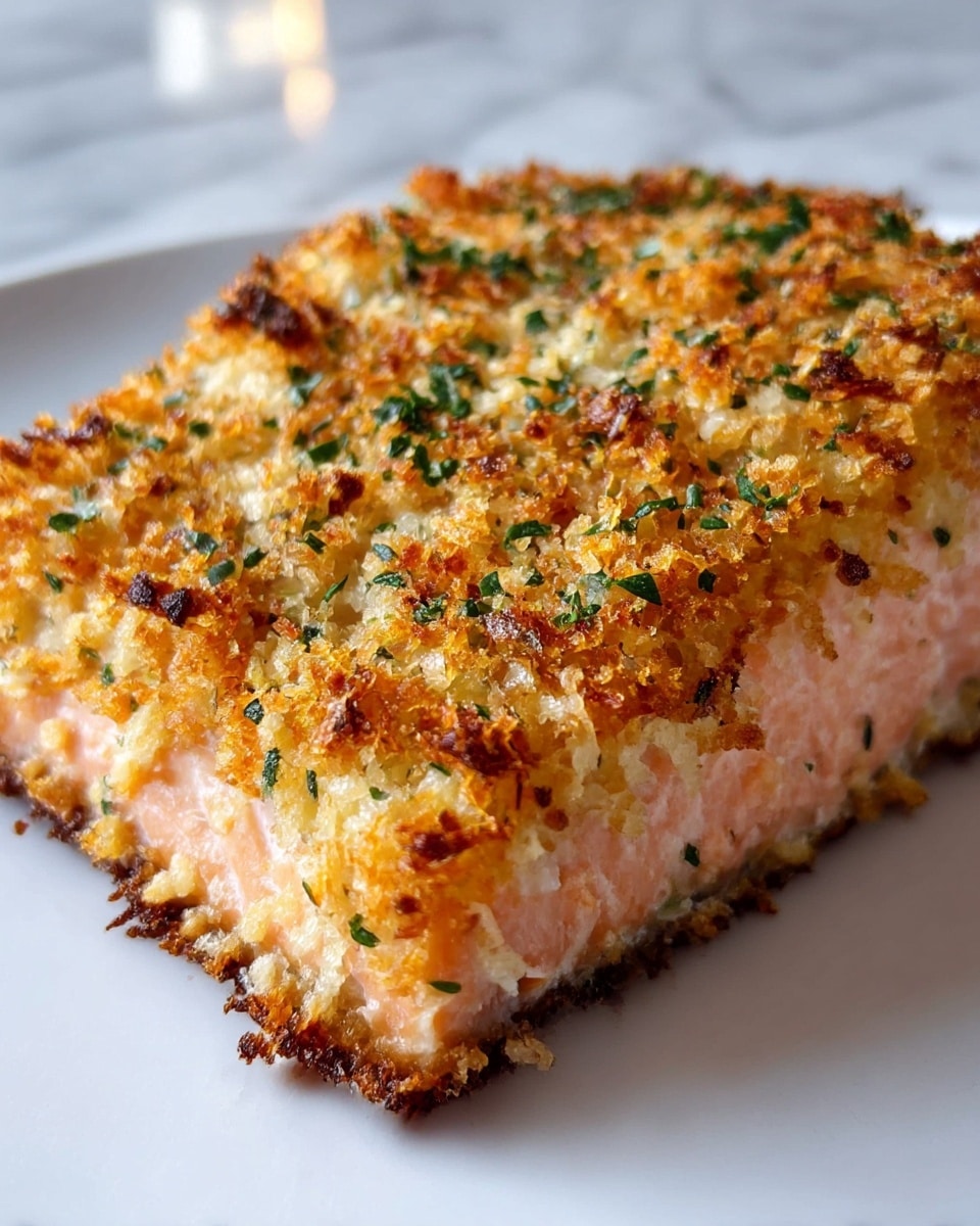 A close-up image of one thick piece of baked salmon with a golden brown, crispy breadcrumb crust on top, sprinkled with small bits of green herbs. The top layer is rough with toasted crumbs standing out, showing different shades of orange, light brown, and dark brown, while the bottom layer is the soft, flaky pink flesh of the salmon. The salmon is placed on a plain white plate, all set against a white marbled texture background. Photo taken with an iphone --ar 4:5 --v 7