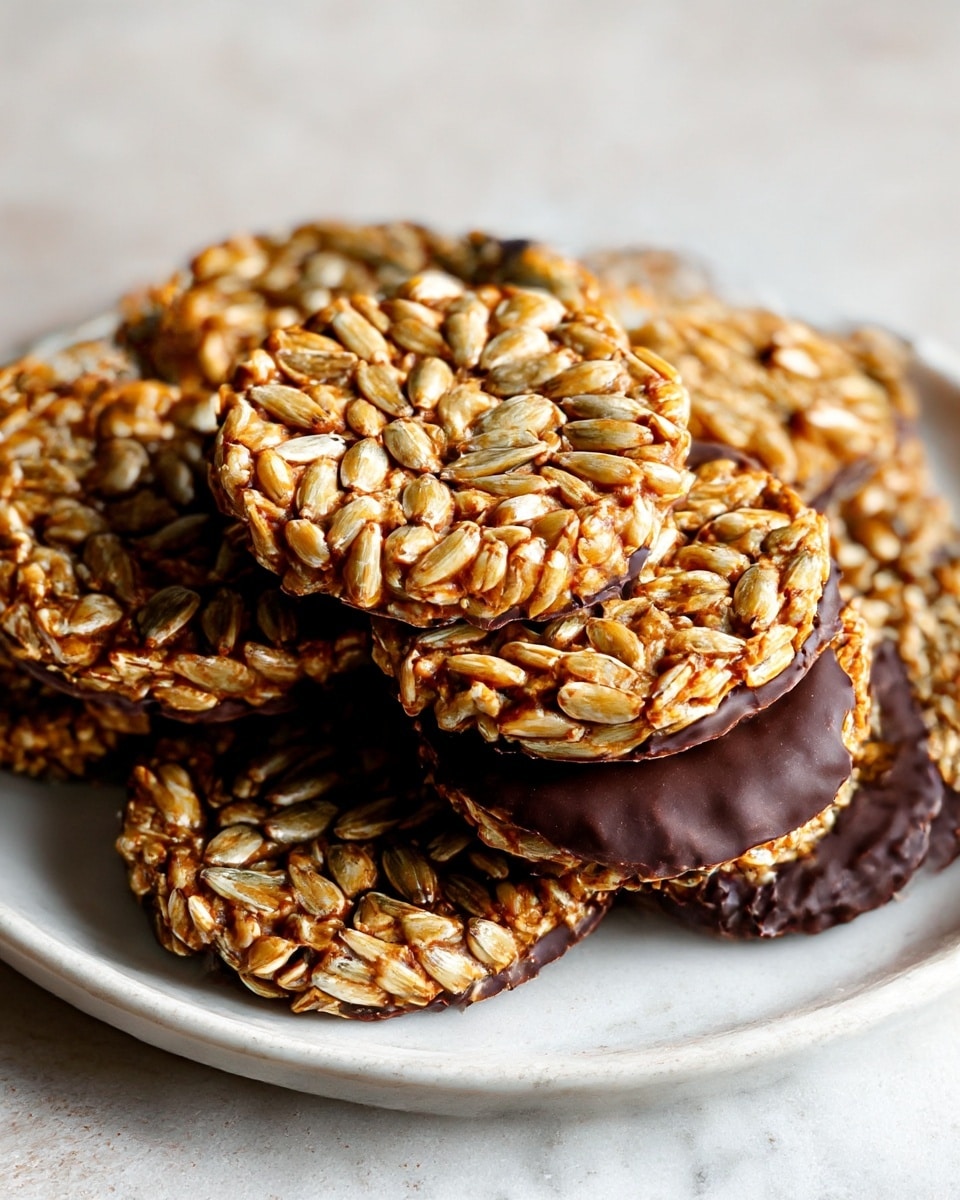 The image shows a stack of four round sunflower seed chocolate bites, each bite having two main layers. The top layer is a thick, textured mass of golden-brown roasted sunflower seeds tightly packed, showing a shiny glaze on the seeds. The bottom layer of each bite is a smooth, dark chocolate coating that is uneven and slightly wavy, encasing the base of the seeds. The stack is placed on a white marbled surface with a slightly worn edge visible. The background is plain white, making the colors of the sunflower seeds and chocolate stand out clearly. photo taken with an iphone --ar 4:5 --v 7