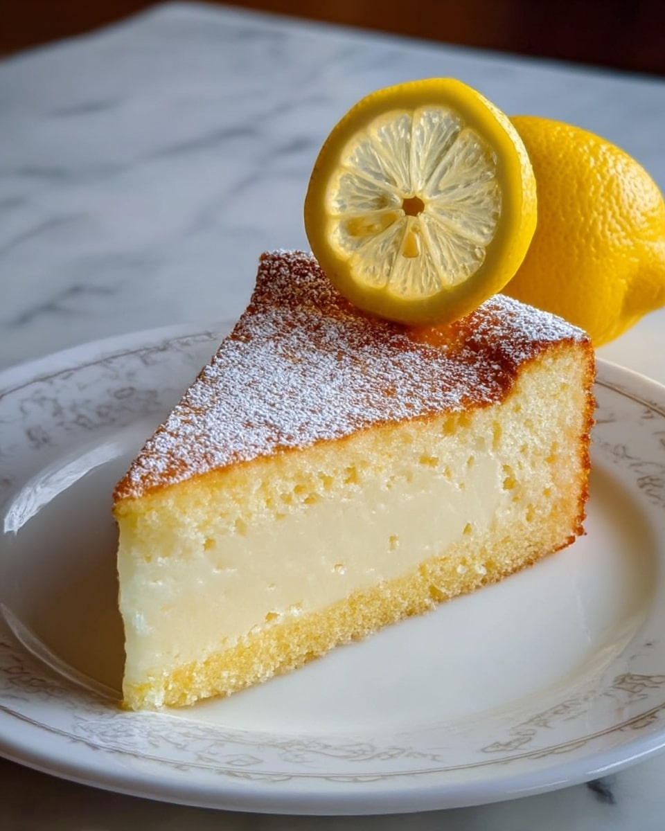A single slice of creamy lemon cake with two visible layers sits on a white plate with a delicate pattern. The bottom layer is a pale yellow, smooth and slightly dense texture, while the top layer is golden brown with a slightly crisp surface dusted with powdered sugar. On top of the slice rests a thin, bright yellow lemon slice with visible pulp and seeds. To the right of the cake slice, a whole lemon, glossy and textured, is placed. The setting shows a white marbled surface beneath the plate. photo taken with an iphone --ar 4:5 --v 7