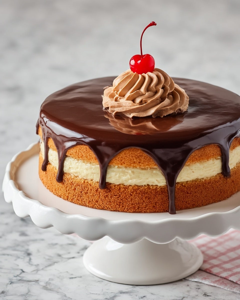 A two-layer round cake displayed on a white cake stand with scalloped edges, set on a white marbled texture. The bottom layer is a light brown sponge cake, topped with a creamy beige filling layer. Another light brown sponge cake layer sits above, covered by a glossy dark brown chocolate ganache that drips slightly over the edges. On the center of the top, there is a swirled dollop of light brown chocolate mousse with a bright red cherry on top. photo taken with an iphone --ar 4:5 --v 7