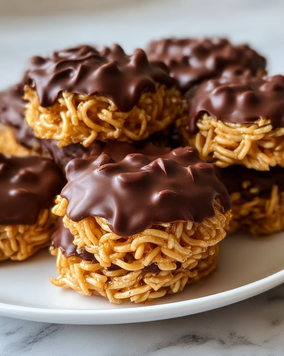 The image shows a close-up of several small, round treats stacked on a white plate placed on a white marbled surface. Each treat has two layers: the bottom layer is a light golden brown, consisting of tightly woven thin noodle-like strands that give a crunchy texture, while the top layer is a glossy dark brown chocolate coating with a smooth but slightly uneven surface, some parts showing small bumps and ridges. The chocolate layer partially covers the top and drips slightly over the sides, contrasting with the bright golden base below. Photo taken with an iphone --ar 4:5 --v 7