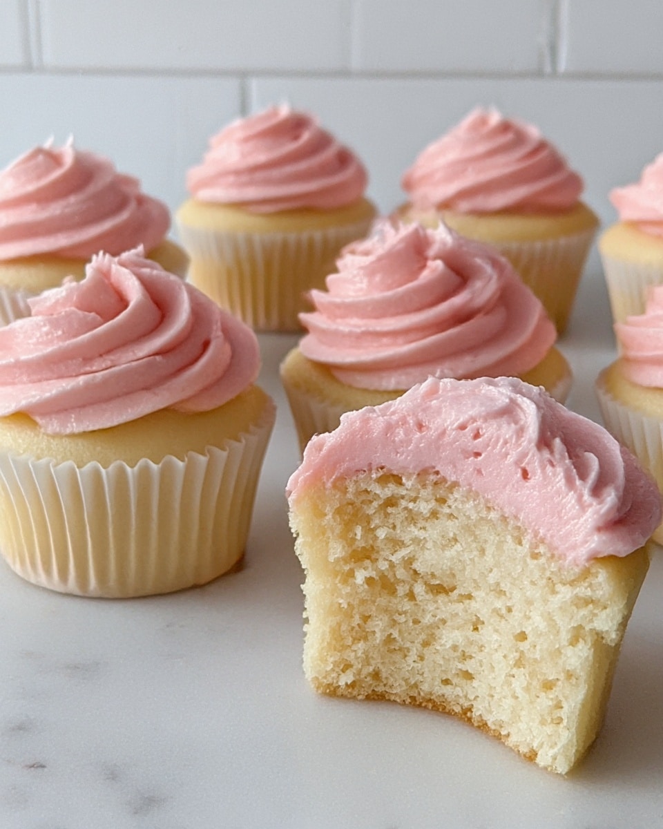 The image shows several vanilla cupcakes with pale yellow bases inside white cupcake liners. Each cupcake is topped with a swirl of smooth, light pink frosting in a soft spiral shape, creating one neat frosting layer above the cake. One cupcake in the front right is bitten into, revealing its soft, fluffy vanilla inside and a thick, creamy layer of pink frosting spread thickly on top with visible textured strokes. The cupcakes are arranged on a flat surface with a white marbled texture. The background is softly blurred with white tiles. photo taken with an iphone --ar 4:5 --v 7