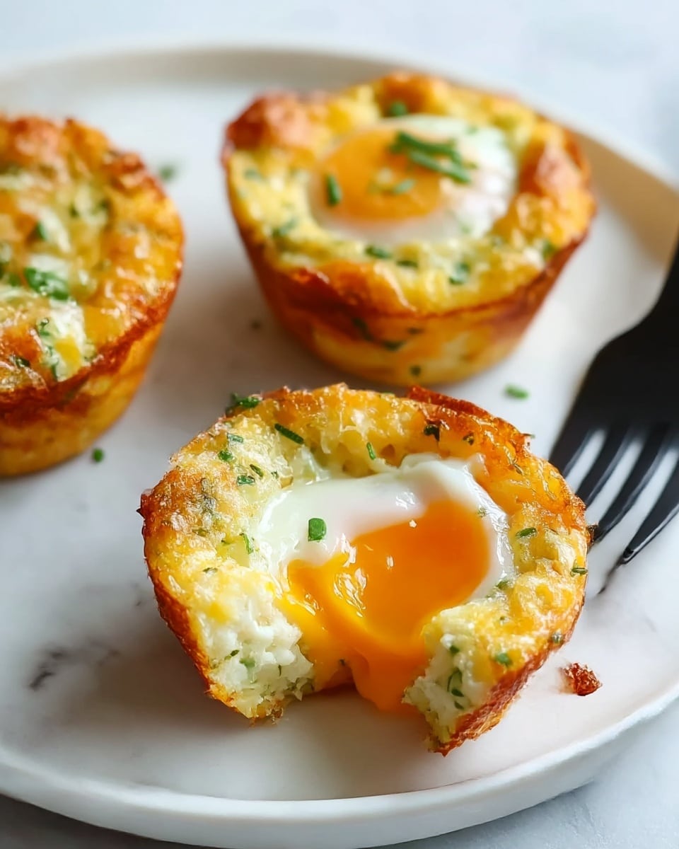 The image shows three small baked egg muffins on a white plate with a white marbled texture underneath. Each muffin has a golden-brown, slightly crispy outer layer with small green herbs mixed throughout. The muffin in the foreground is cut open, revealing a soft, runny bright orange egg yolk at the center surrounded by cooked white egg and bits of green herbs. The texture is slightly bubbly and crispy on the edges. There is a black fork resting on the plate beside the muffins. Photo taken with an iphone --ar 4:5 --v 7