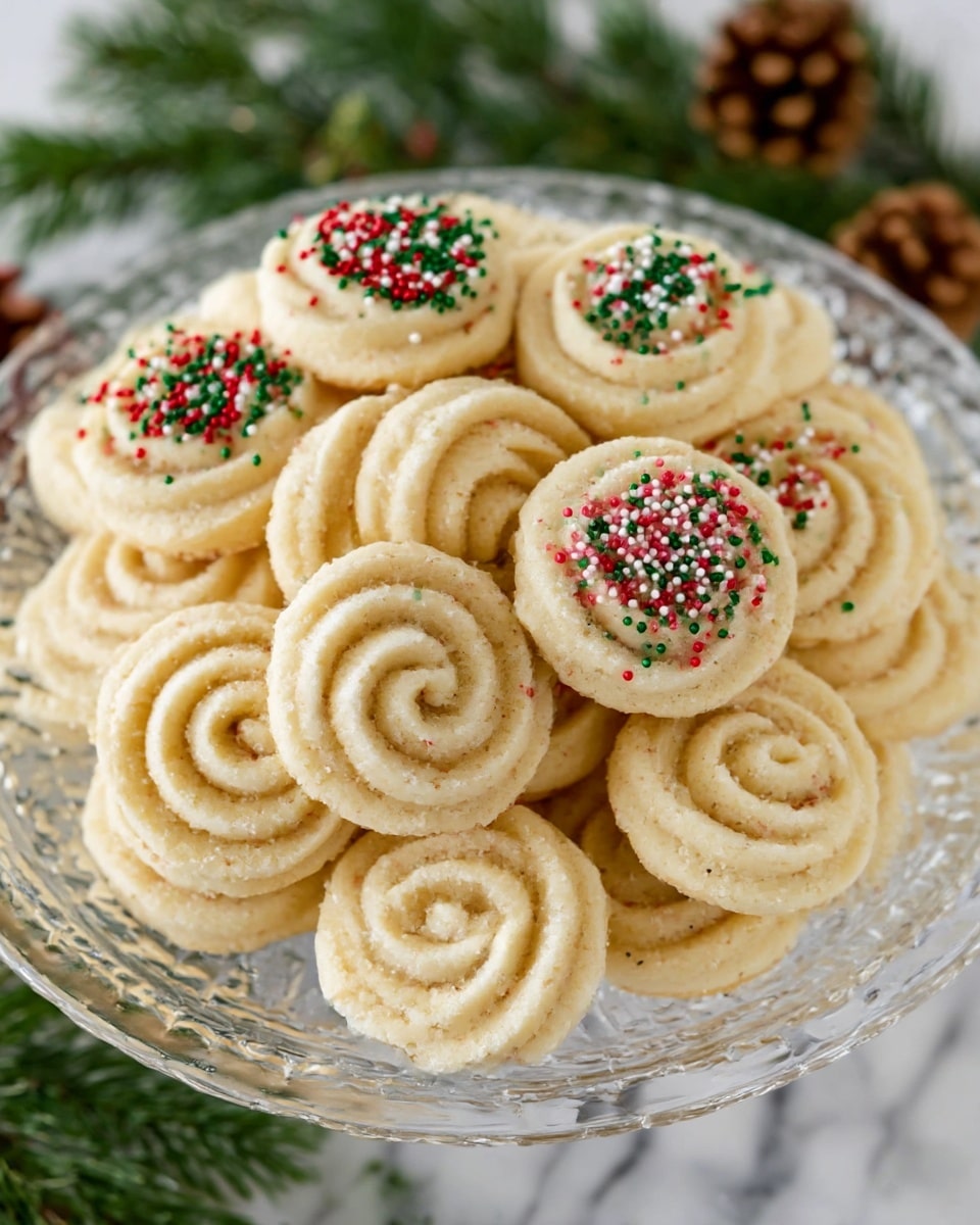 A clear glass plate holds about two dozen light beige, swirled shortbread cookies arranged in two layers, the top layer featuring a few cookies decorated with small round sprinkles in red, green, white, and pink colors. Each cookie shows a smooth, slightly crumbly texture with distinct spiral ridges. The plate is placed on a white marbled surface with blurred green pine branches and brown pine cones in the soft background, adding a festive feel. photo taken with an iphone --ar 4:5 --v 7