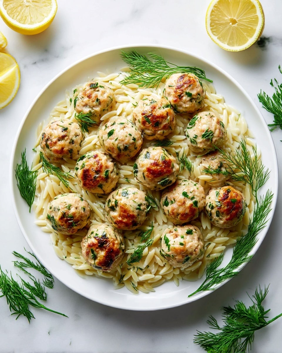 A white plate holds a bed of cooked orzo pasta in a pale cream color with a slightly glossy texture, spread evenly across the plate. On top, there are eleven lightly browned turkey meatballs, each round and speckled with green herbs, arranged in a loose cluster covering much of the orzo. Fresh sprigs of bright green dill are placed around and on the meatballs, adding a touch of color and freshness. The plate sits on a white marbled surface, surrounded by lemon wedges and more fresh dill and parsley sprigs for decoration. Photo taken with an iphone --ar 4:5 --v 7