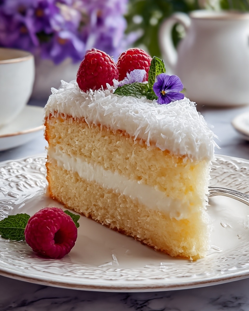 The image shows one slice of a three-layer cake on a white decorative plate. The bottom layer is a light golden sponge cake, topped by a creamy middle layer of smooth white filling. The top layer is covered with white shredded coconut, giving it a soft, textured look. On top of the cake slice, there are fresh red raspberries and a small green mint sprig, along with a small purple edible flower for decoration. One raspberry sits next to the cake on the plate. The background is softly blurred with purple flowers and white pottery on a white marbled surface. Photo taken with an iphone --ar 4:5 --v 7