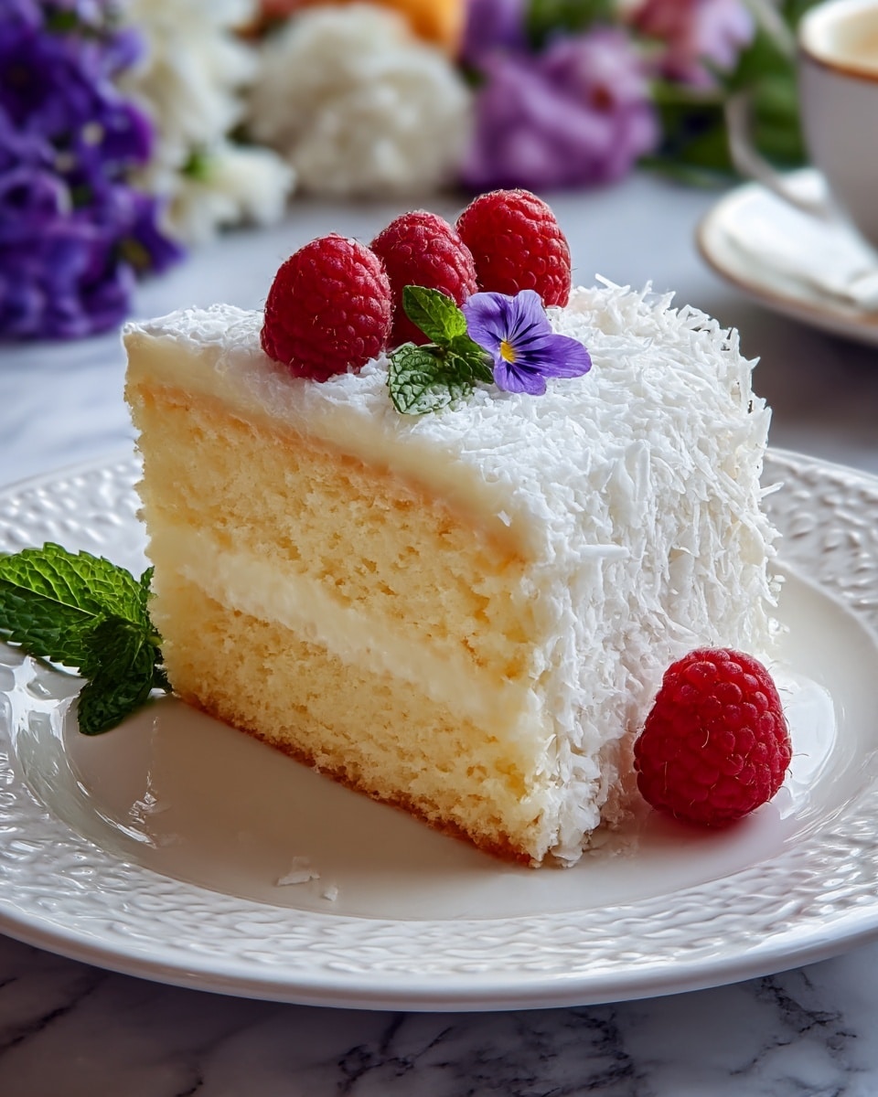 A slice of three-layer cake is shown on a white plate with a delicate raised pattern around the edge. The bottom layer is a light golden sponge cake with a soft, crumbly texture. The middle layer is thick, smooth, and creamy, pale yellow in color. The top layer is covered in white shredded coconut that gives a rough texture all around the slice. On top of the cake are three bright red raspberries, a small purple edible flower, and fresh green mint leaves. One raspberry rests on the plate beside the cake. The background has blurred purple and white flowers and some indistinct objects on a white marbled surface. Photo taken with an iphone --ar 4:5 --v 7