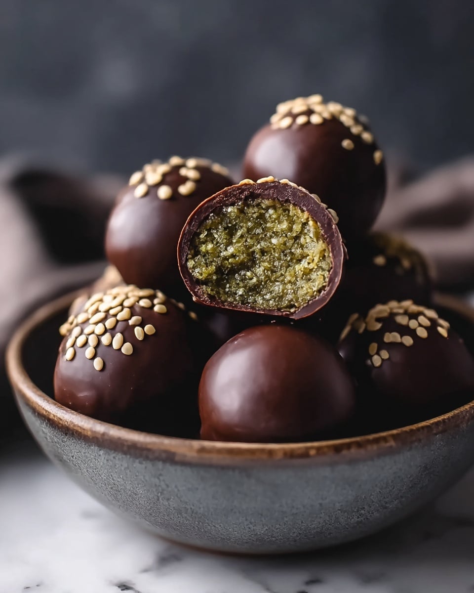 There is a dark bowl filled with round chocolate balls that have a smooth, shiny dark brown coating and are topped with small, light beige seeds. One chocolate ball is cut in half and placed on top of the others, showing a textured, green filling inside with a slightly glossy appearance. The bowl sits on a white marbled surface with a soft, blurred dark background, highlighting the rich color and texture of the chocolates. Photo taken with an iphone --ar 4:5 --v 7