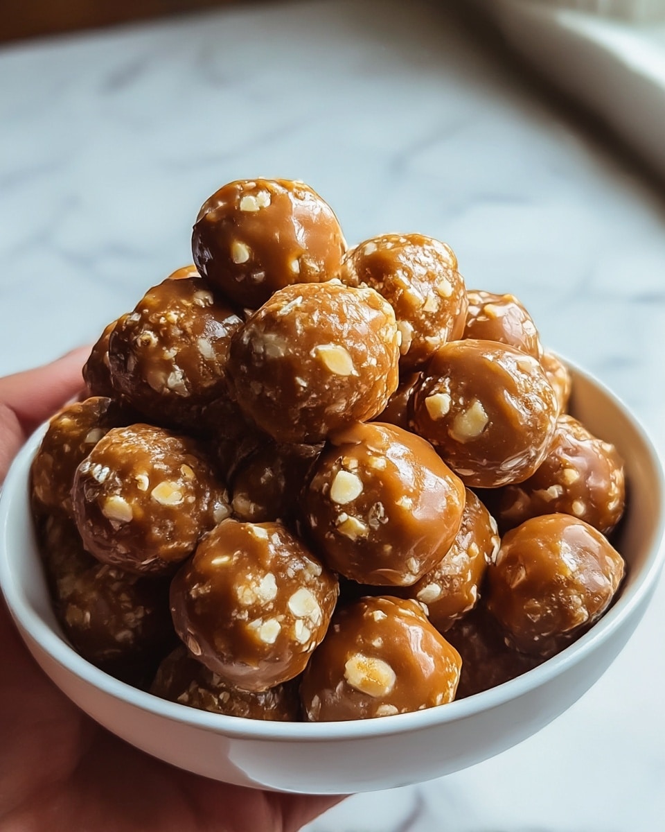 A white bowl is filled with many round balls covered in a smooth caramel-colored coating, showing a mix of shiny and matte textures. The balls appear dense with small pieces of nuts visible both on the surface and under the caramel layer, giving them a slightly bumpy look. They are piled high, filling the bowl completely, with some balls stacked on top of others creating depth. A woman's hand is holding the bowl from the bottom left corner. The photo uses natural light and is set against a softly blurred white marbled surface in the background. photo taken with an iphone --ar 4:5 --v 7