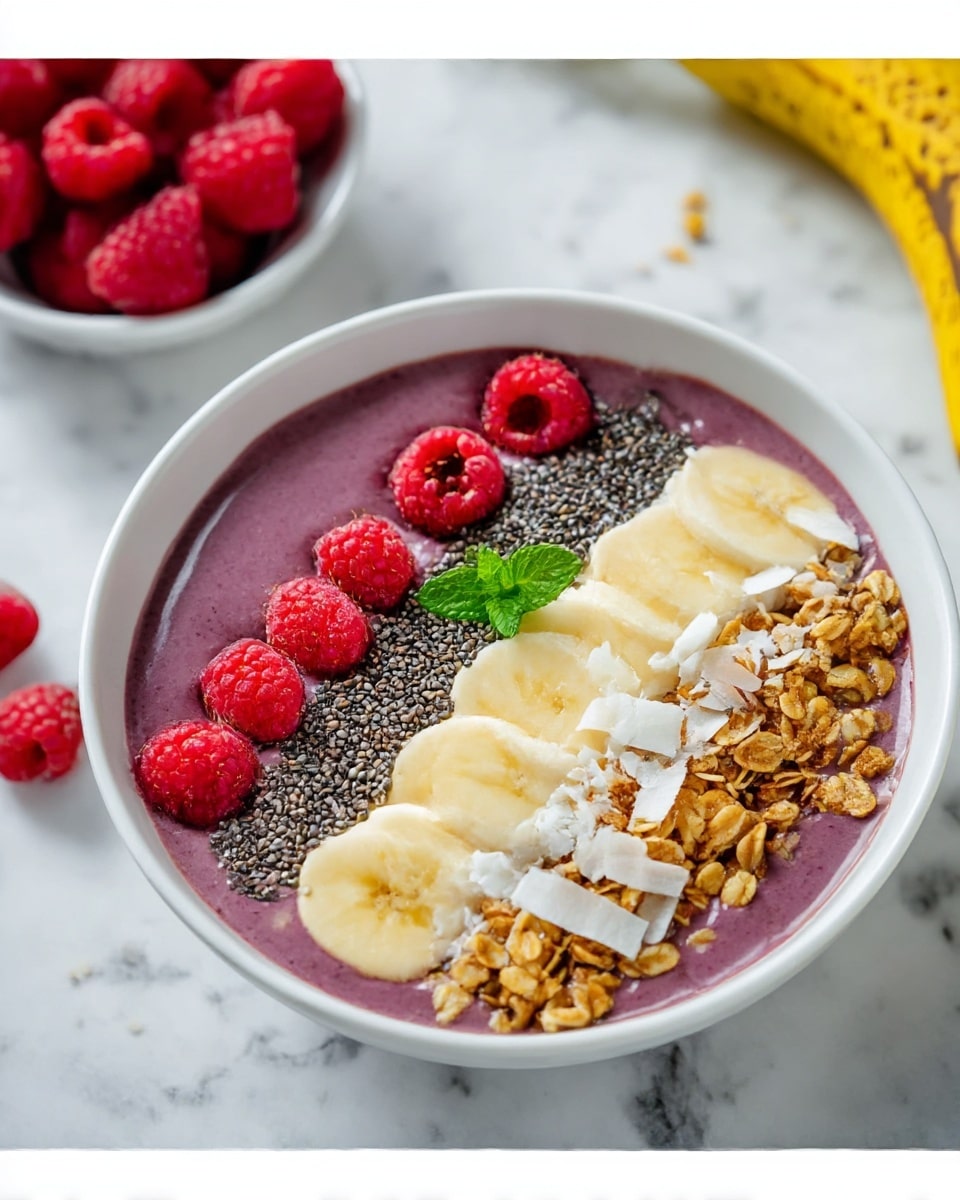 A smoothie bowl sits in a white bowl on a white marbled surface, filled with a thick purple smoothie base. On top, five layers run across the bowl horizontally: thinly sliced banana pieces, bright red raspberries arranged in a row, small black chia seeds, golden brown granola clusters, and shredded white coconut. A small green mint leaf is placed on the granola section for color contrast. Around the bowl, fresh raspberries spill out of a white bowl on the left, while a yellow spotted banana is partially visible on the right. photo taken with an iphone --ar 4:5 --v 7