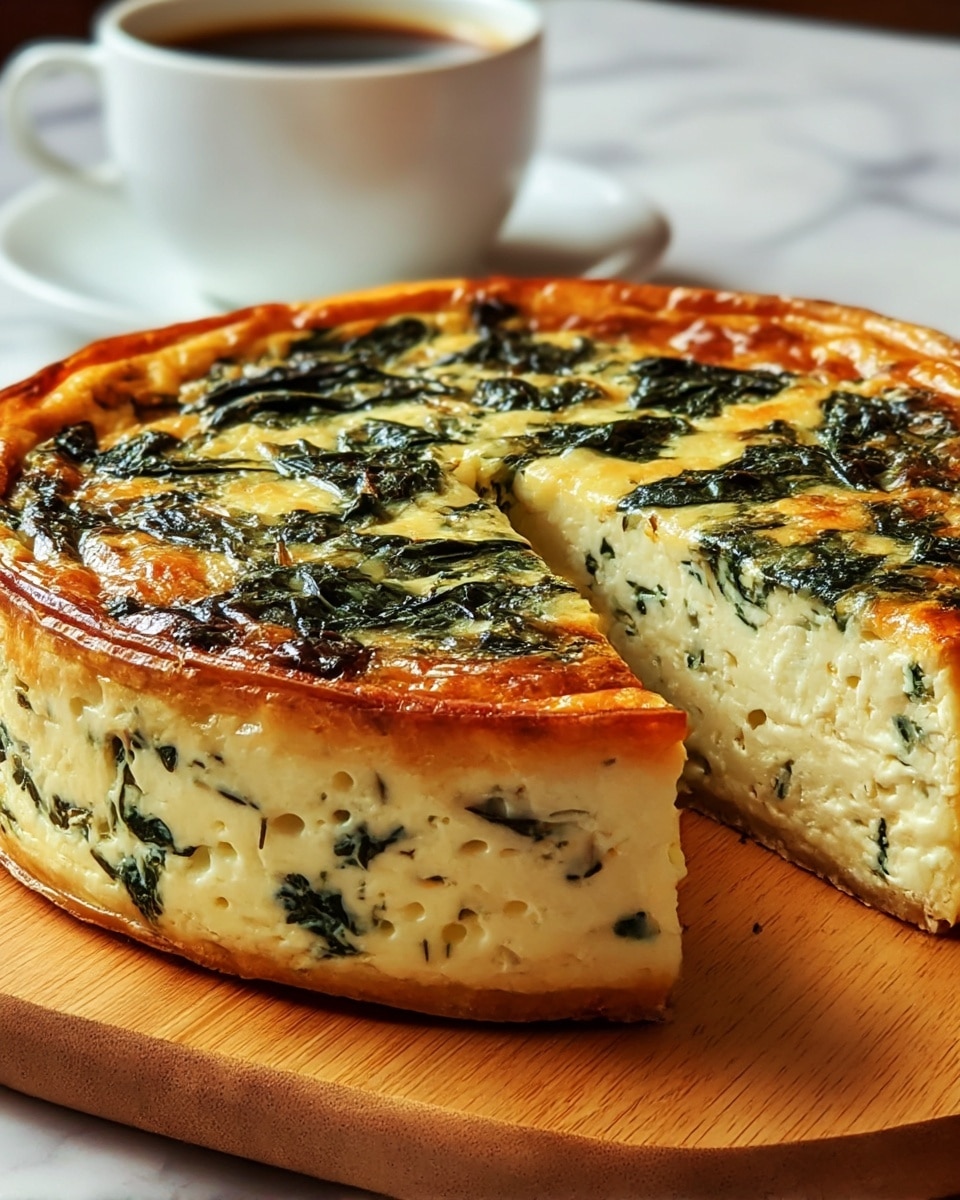 A round, thick quiche with two main layers sits on a wooden board; the bottom layer is pale yellow with tiny dark green spinach bits spread inside, showing a soft and creamy texture with small air pockets. The top layer is golden brown with a slightly glossy surface and larger dark green spinach leaves unevenly scattered, giving a baked, crispy touch especially around the edges. In the blurred background, there is a white cup filled with dark coffee. The scene is set on a white marbled texture. photo taken with an iphone --ar 4:5 --v 7