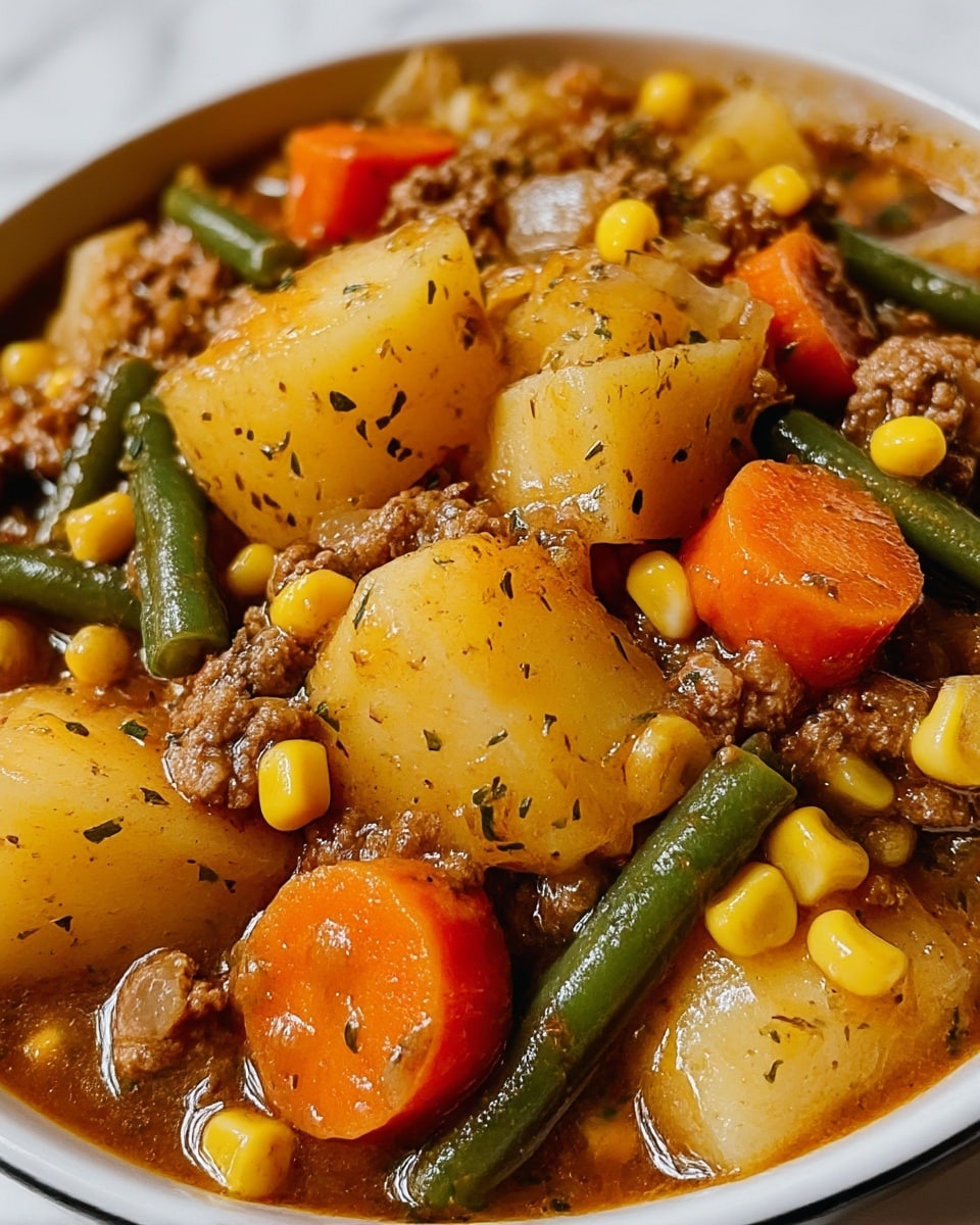 The image shows a close-up of a stew with three main layers mixed together: large chunks of light yellow potatoes with a slightly browned surface, bright orange carrot slices cut into thick rounds, and green beans cut into short pieces. Scattered throughout are small yellow corn kernels and finely chopped translucent onions. The dish includes crumbled ground meat with a brown, slightly moist texture. Everything is coated in a thick, shiny brown sauce with visible specks of herbs evenly spread on top. The stew is served in a white bowl placed on a white marbled surface. photo taken with an iphone --ar 4:5 --v 7