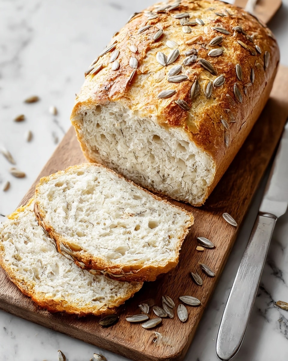 A loaf of bread with a golden-brown crust sprinkled with sunflower seeds rests on a wooden cutting board. Two slices are cut from the loaf, showing a soft, airy white inside with small holes and specks of seeds. Some sunflower seeds have fallen on the board around the bread. A silver knife lies next to the loaf on the right side. The whole scene is set on a white marbled surface. photo taken with an iphone --ar 4:5 --v 7