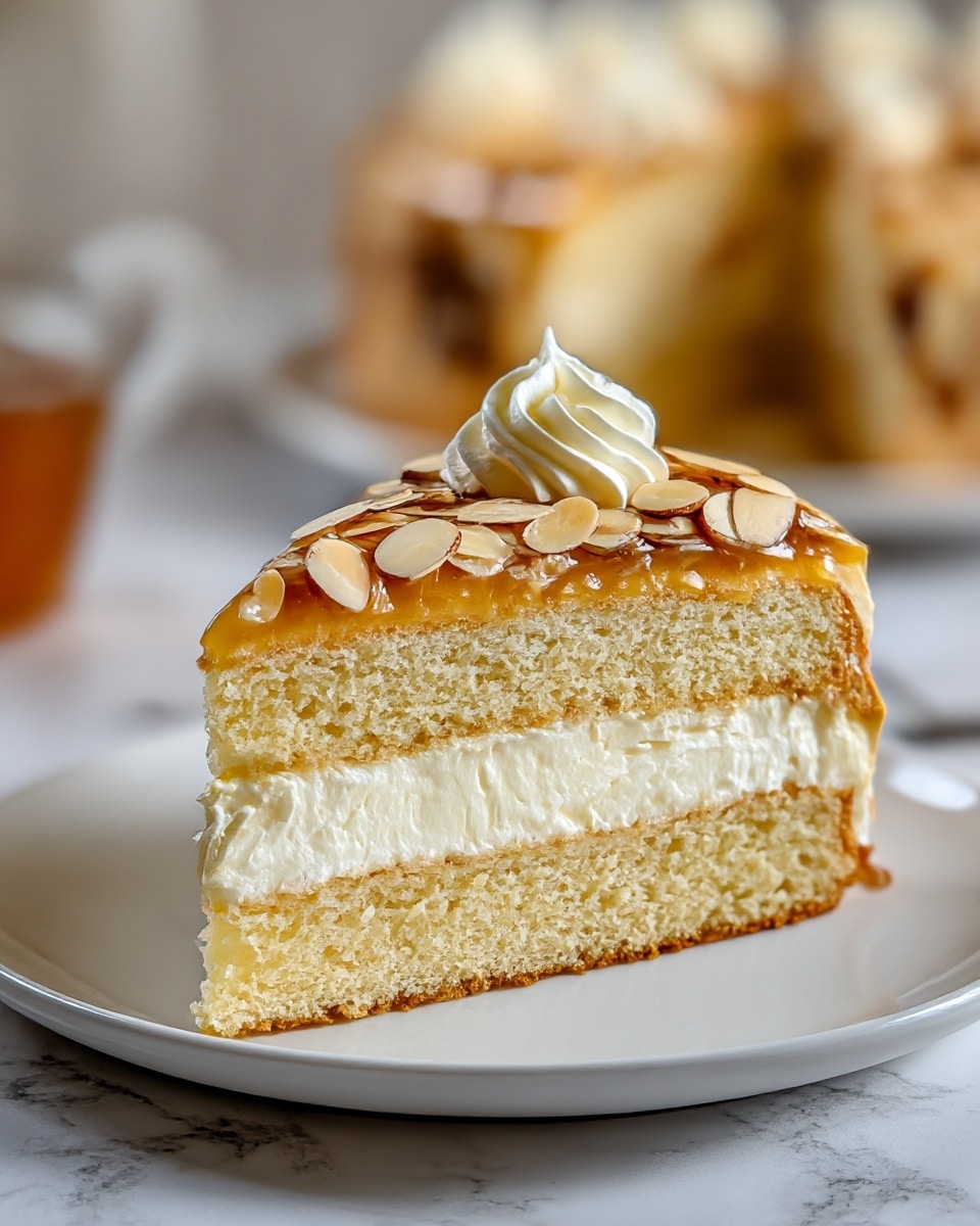 The image shows a slice of layered cake on a white plate sitting on a white marbled surface. The cake has three layers: the bottom and top layers are light golden sponge cake with a soft crumb texture, while the middle layer is thick, creamy white filling that looks smooth and fluffy. The top of the slice is covered in shiny golden caramel sauce and sliced toasted almonds, giving a crunchy texture. A small swirl of white cream sits on the top center of the cake. In the background, there is a blurred view of the rest of the cake decorated similarly. Photo taken with an iphone --ar 4:5 --v 7