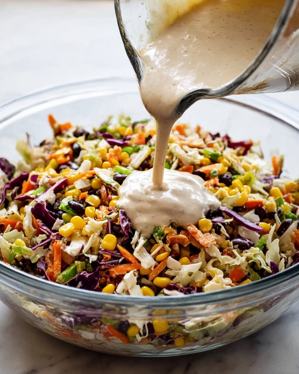 A clear glass bowl filled with a colorful mix of chopped vegetables including white and purple cabbage, bright yellow corn, green scallions, black beans, and small orange carrot pieces, all evenly mixed together creating a textured, vibrant base layer. Above this, a thick light beige creamy dressing is being poured from a clear measuring cup, slowly spreading over the vegetables and creating a smooth layer in the center. The bowl sits on a white marbled surface that adds a subtle elegant touch to the scene. photo taken with an iphone --ar 4:5 --v 7