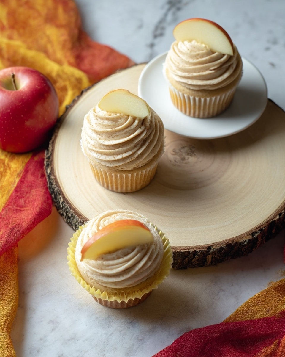 The image shows three cupcakes with light beige swirled frosting on top, each topped with a thin slice of apple. Two cupcakes are placed directly on a light wooden round board with visible grain and bark edges, while the third one sits on a white plate placed on a white marbled surface. One cupcake on the board is still partly in a pale yellow paper wrapper, while the other two are without wrappers. To the left, there is a red apple, and colorful orange, yellow, and red fabrics are casually placed around the cupcakes, adding warm tones to the scene. Photo taken with an iphone --ar 4:5 --v 7
