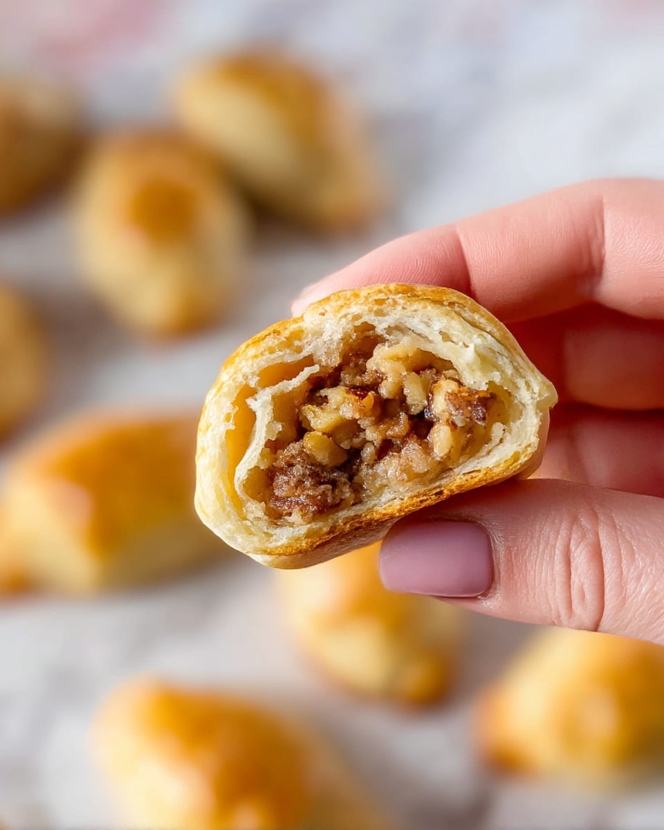 A close-up image of a small baked pastry held by a woman's hand, showing a flaky, light golden-brown crust that is slightly glossy and crisp on the outside. The pastry is cut open, revealing a filling of chopped nuts in light and dark brown shades with a slightly sticky texture, packed inside. The background is soft-focused with several similar pastries placed on a white marbled surface, creating a warm and inviting atmosphere. Photo taken with an iphone --ar 4:5 --v 7