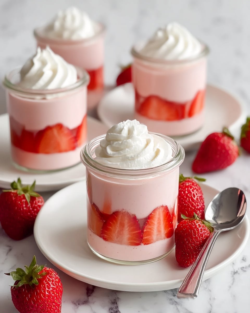 The image shows four small glass jars filled with three visible layers: the bottom layer has thin slices of bright red strawberries pressed against the glass; the middle layer is a smooth, light pink creamy mixture filling most of the jar; and the top layer is a swirl of white whipped cream. Each jar sits on a white plate which has fresh whole strawberries placed around the jars. A silver spoon lies beside one of the jars. The background is a white marbled texture. photo taken with an iphone --ar 4:5 --v 7