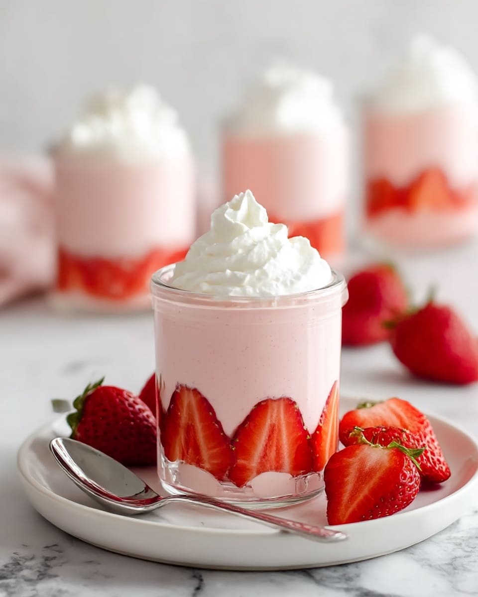 There is a small clear glass jar filled with three layers: the bottom layer has sliced red strawberries pressed against the glass, the middle layer is a smooth, light pink creamy mixture filling most of the jar, and the top layer is a dollop of white whipped cream sitting on the pink cream. The jar is placed on a round white plate with whole strawberries around it and a silver spoon resting on the plate edge. The background shows a clean white marbled texture, and there are three more small jars with the same dessert blurred in the background. photo taken with an iphone --ar 4:5 --v 7