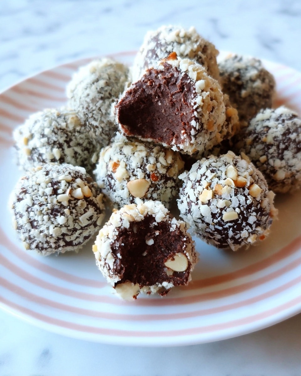 A plate filled with several small round chocolate balls covered in finely chopped light-colored nuts. One ball on top is bitten, showing a dense, dark, moist chocolate inside. The plate is white with light pink stripes seen underneath the chocolate balls. The background is a white marbled texture. photo taken with an iphone --ar 4:5 --v 7