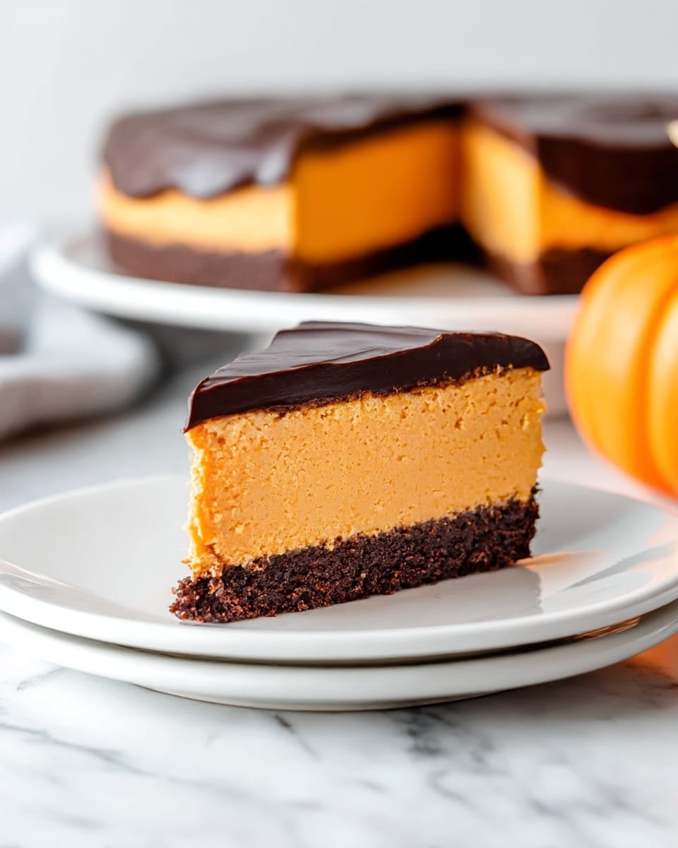 The image shows a slice of cake on a white plate placed on a white marbled surface. The cake slice has three layers: a bottom dark brown crumbly crust, a thick middle layer of smooth orange filling, and a top layer of glossy dark chocolate ganache with some gentle wave textures. Behind the slice, there is the whole cake with the same colors and layers, slightly out of focus, and to the side there is an orange pumpkin that is also blurry. Photo taken with an iphone --ar 4:5 --v 7