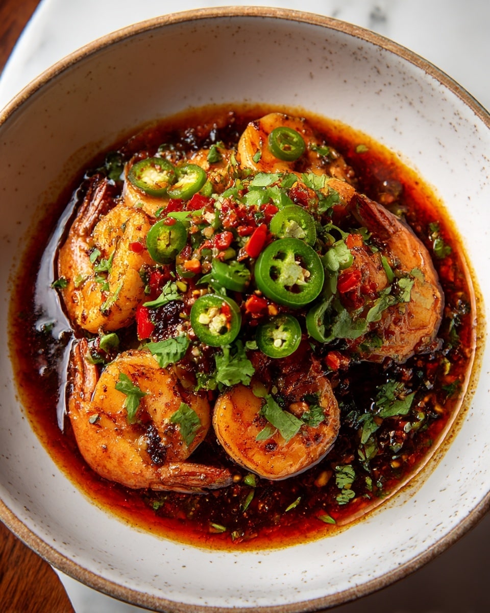 A white speckled bowl holds a dish with six grilled shrimp that are golden orange with light char marks, arranged in a loose pile at the center. They sit in a deep reddish-brown sauce heated with oil, visible around the edges of the bowl. The shrimp are topped with a mix of sliced green jalapeños, finely chopped red chili peppers, and fresh chopped cilantro, adding bright green and red color contrasts. The bowl is placed on a white marbled surface. Photo taken with an iphone --ar 4:5 --v 7