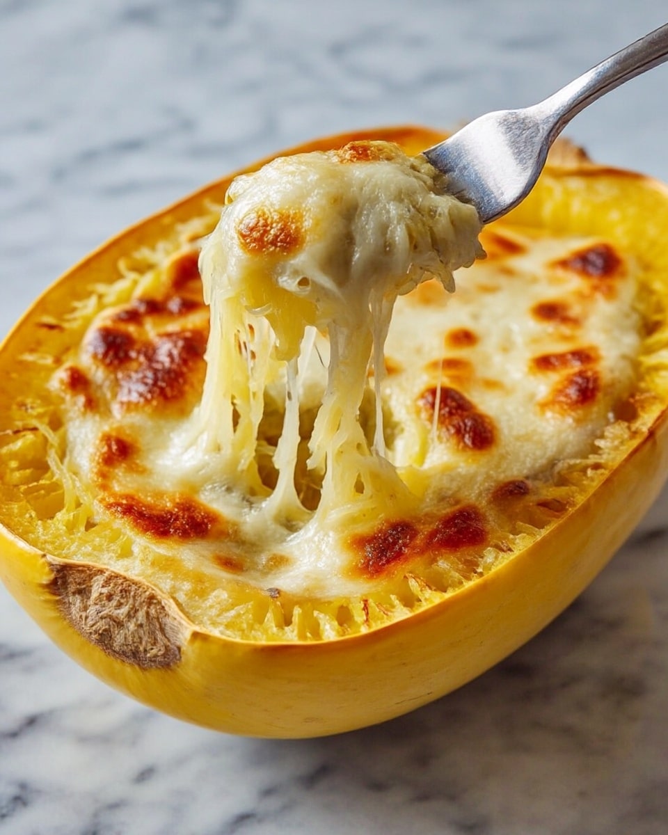 A cooked half spaghetti squash with a golden yellow shell and a slightly browned edge, filled with a creamy, light yellow cheese sauce topped with melted, bubbly cheese that is browned in spots and sprinkled with small green herb bits. A fork held by a woman's hand lifts a stringy, gooey portion of the cheesy filling from the center. The squash is placed on a white square plate, which sits on a white marbled surface. photo taken with an iphone --ar 4:5 --v 7