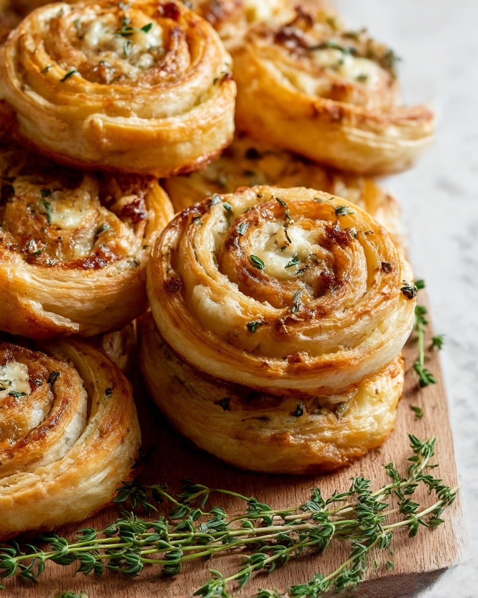 A close-up view of several round puff pastry swirls stacked on a wooden board, each swirl showing multiple flaky, golden layers that spiral to the center. The layers have a mix of light golden brown and creamy white colors, interspersed with bits of browned cheese and small green herb flecks. Fresh green sprigs, likely thyme, lie scattered loosely around and on top of the pastries, adding a fresh touch to the warm-toned baked goods. The texture looks crispy and flaky on the edges with soft, cheesy centers. The photo is set against a white marbled texture background. photo taken with an iphone --ar 4:5 --v 7
