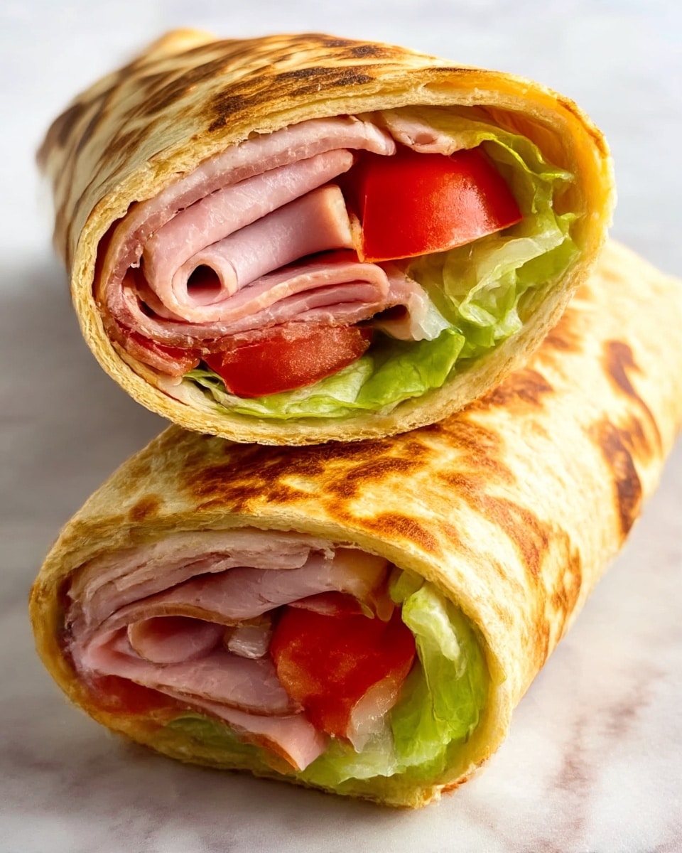 Two rolled wraps stacked on each other on a white marbled surface, each wrap with a golden brown, slightly crispy outer layer. Inside layers show thin pale pink slices of ham, bright red tomato pieces, and fresh light green lettuce with a bit of white onion visible. The wraps have a soft, smooth texture with some charring marks, giving a warm and fresh look. photo taken with an iphone --ar 4:5 --v 7