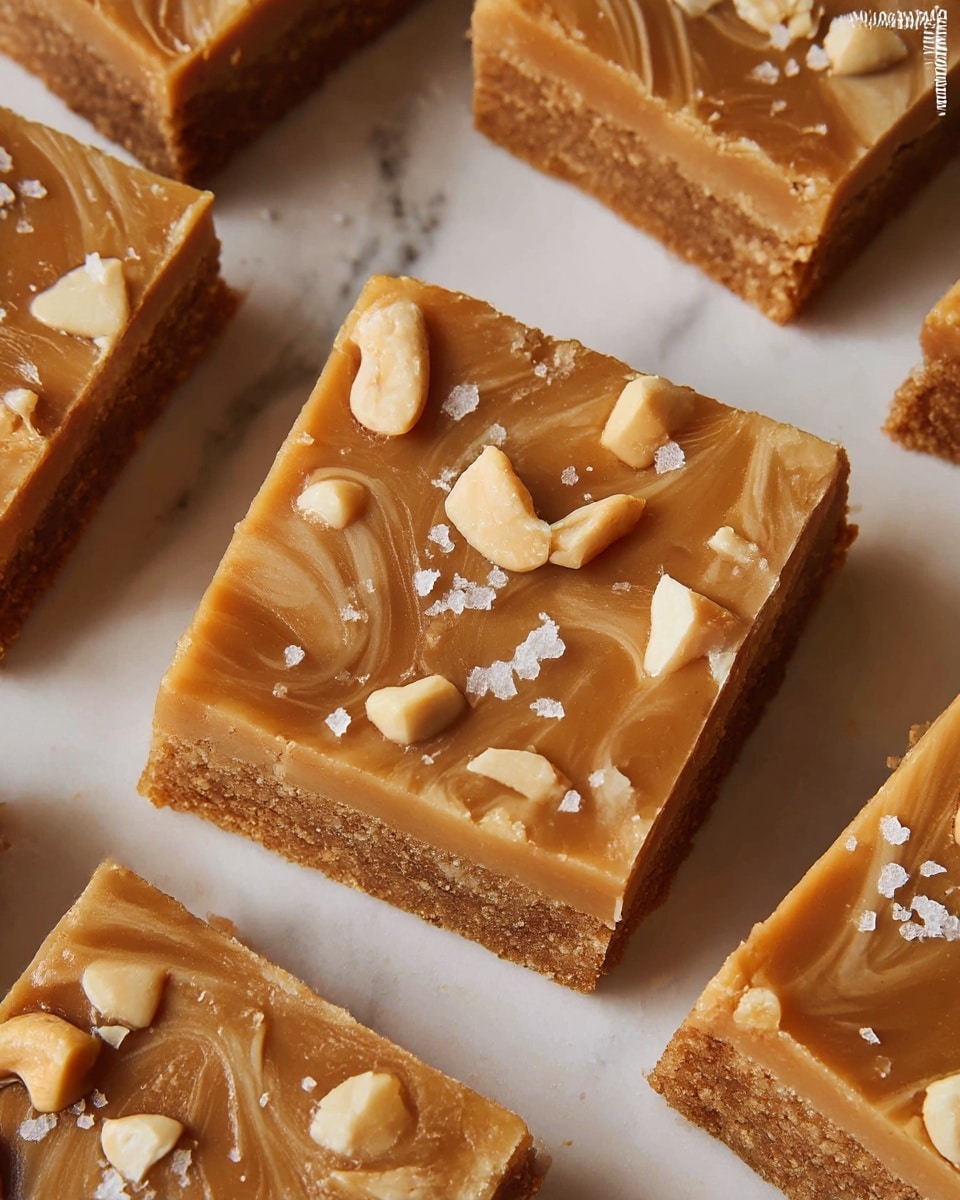 The image shows several square pieces of a two-layer dessert on a white marbled surface. The bottom layer is a dense, crumbly brown base with a coarse texture, while the top layer is a smooth, creamy caramel brown topped with scattered pieces of crushed light beige nuts and a few tiny flakes of white salt crystals. The surface of the top layer has gentle swirling patterns and a glossy finish, giving the dessert a rich and inviting look. Photo taken with an iphone --ar 4:5 --v 7