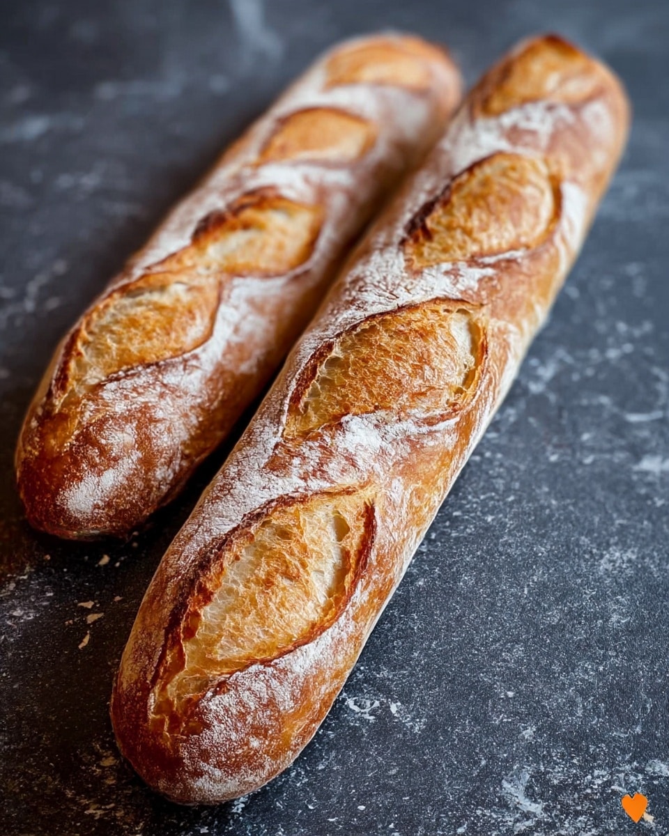 Two long baguettes with a crispy golden-brown crust and light dusting of white flour rest side by side on a dark textured surface that resembles a white marbled texture. Each baguette has deep, uneven cuts along the top, revealing a soft, airy inside with a creamy color. The crust shows slight variations in color from light brown to darker toasted spots, giving a fresh, baked look. The background is blurred, putting focus on the breads. photo taken with an iphone --ar 4:5 --v 7