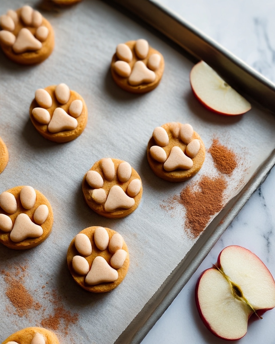 The image shows small paw-shaped treats arranged on a baking tray lined with parchment paper. Each treat has two layers: a round golden base with a smooth texture at the bottom, topped with five light beige paw prints with a soft, rounded appearance, one larger pad in the center and four smaller pads arranged above it. Some cinnamon powder is scattered near the treats, adding a warm reddish brown color contrast to the scene. Two red apple slices with white flesh are placed near the edges of the tray on the white marbled surface background. The lighting is soft and natural, enhancing the warm, cozy feeling of the snacks. Photo taken with an iphone --ar 4:5 --v 7