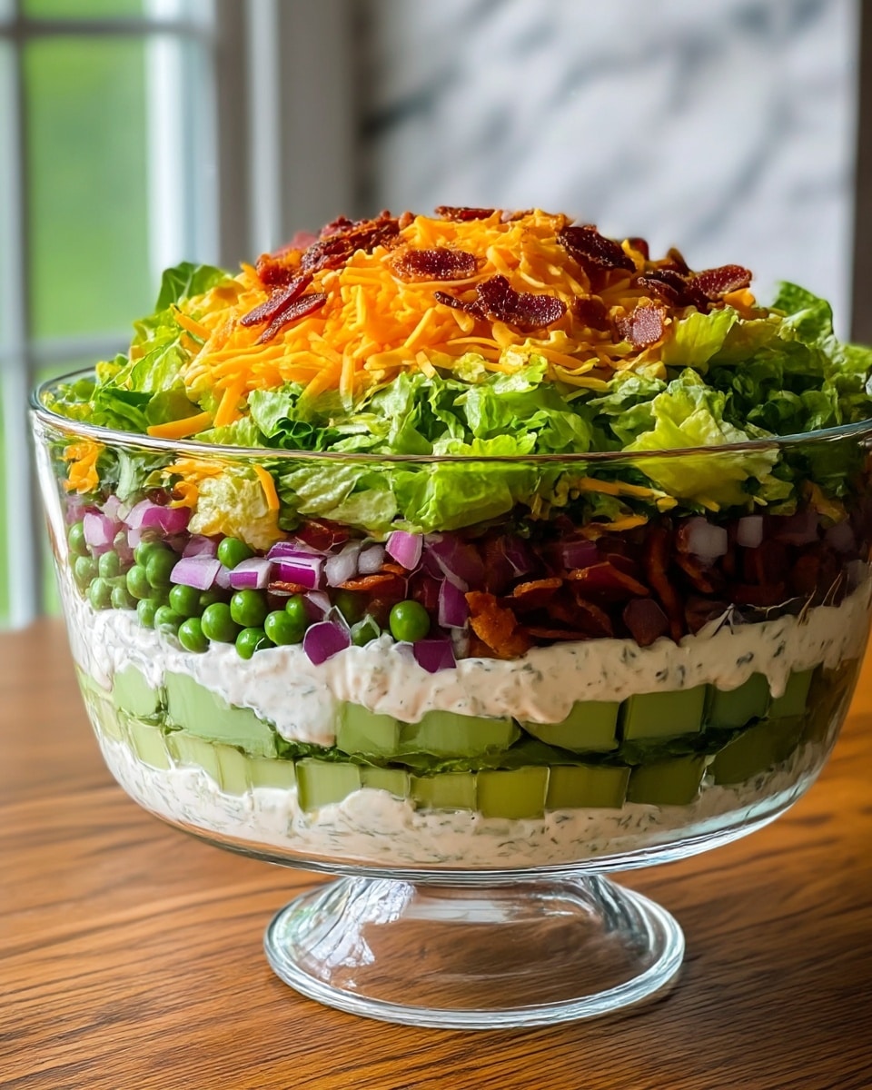 A clear glass bowl with a wide foot holds a layered salad on a wooden table with a white marbled background. The salad has seven layers: the bottom layer is light green celery, followed by a creamy white dressing, then a layer of dark green chopped leafy greens, topped with another creamy white dressing. Above that is a layer of bright yellow shredded cheese, then a layer of small purple onion cubes, topped with a thick layer of ruffled light and dark green lettuce leaves. The salad is finished with a topping of orange shredded cheese, scattered green peas, and crispy dark brown bacon bits. Photo taken with an iphone --ar 4:5 --v 7