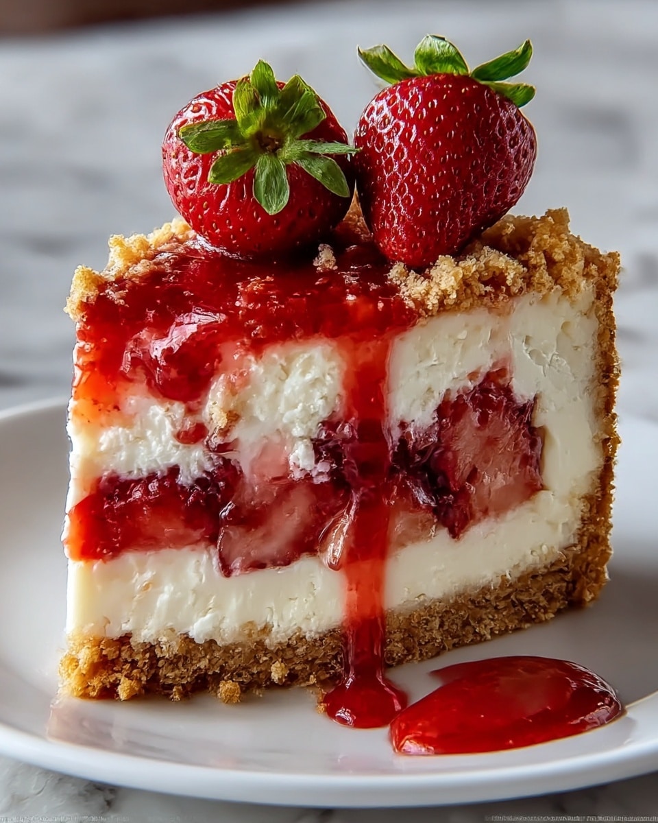 A slice of strawberry cheesecake is shown on a white plate with a white marbled texture surface underneath. The bottom layer is a crumbly golden brown crust, followed by a layer of white creamy cheesecake. Above the cheesecake is a layer of sliced red strawberries partially covered in glossy red strawberry sauce. The top layer has more crumbly crust sprinkled over a thick drizzle of strawberry sauce. Two whole bright red strawberries with green leaves sit on the top. The sauce slightly drips down the sides and onto the plate. photo taken with an iphone --ar 4:5 --v 7