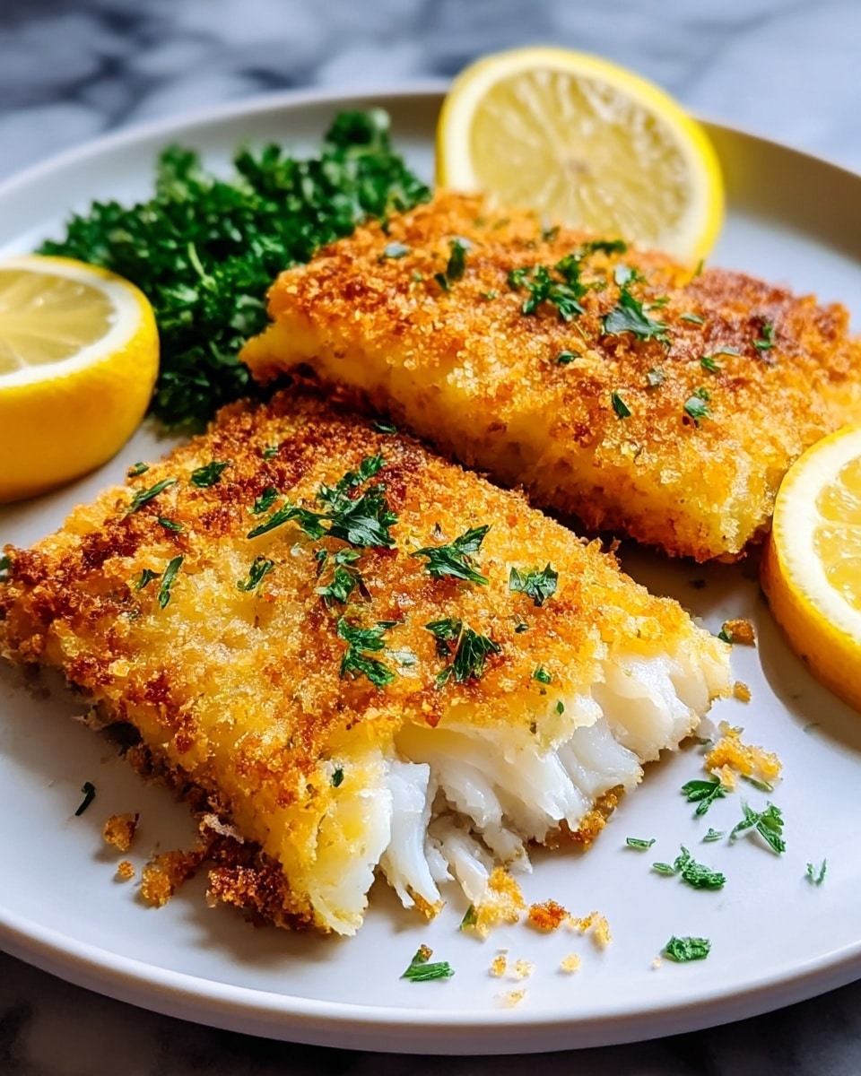 Two pieces of golden brown breaded fish fillets sit on a white plate, their crispy texture visible with small crust crumbs scattered around. The fish flakes are tender and white inside the crunchy coating. Behind the fish, bright green chopped parsley adds a fresh touch. On the side, two lemon wedges and one lemon slice rest on the plate, giving a vibrant yellow contrast. The plate is set on a white marbled surface. photo taken with an iphone --ar 4:5 --v 7