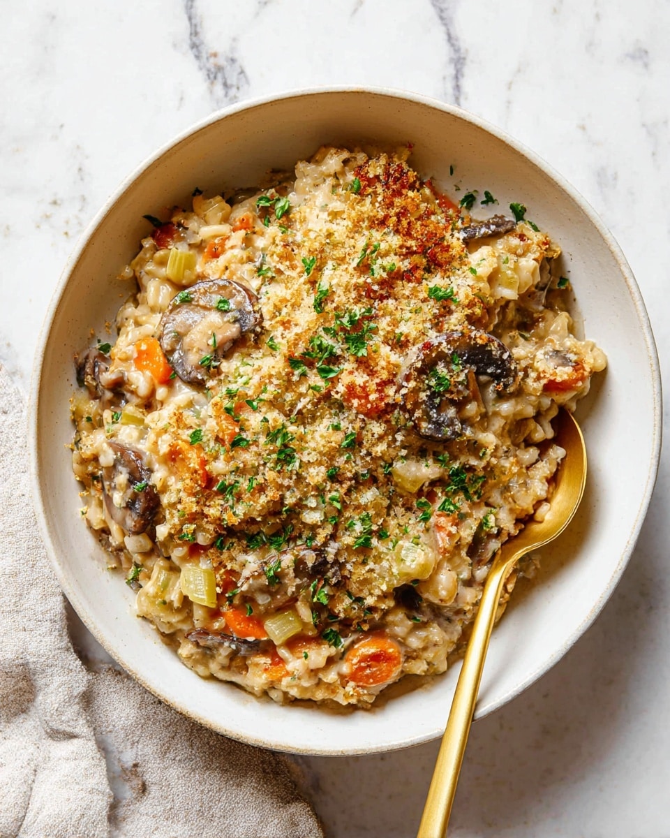 A bowl of creamy risotto with visible layers of mixed ingredients: soft cooked rice grains, tender mushroom slices, small orange carrot pieces, and light green celery bits all combined in a thick, saucy texture. The top has a golden crispy layer with browned crumbs and finely chopped green parsley sprinkled for color contrast. The dish is served in a white bowl with a golden spoon placed inside, sitting on a white marbled surface with a cloth napkin nearby. Photo taken with an iphone --ar 4:5 --v 7