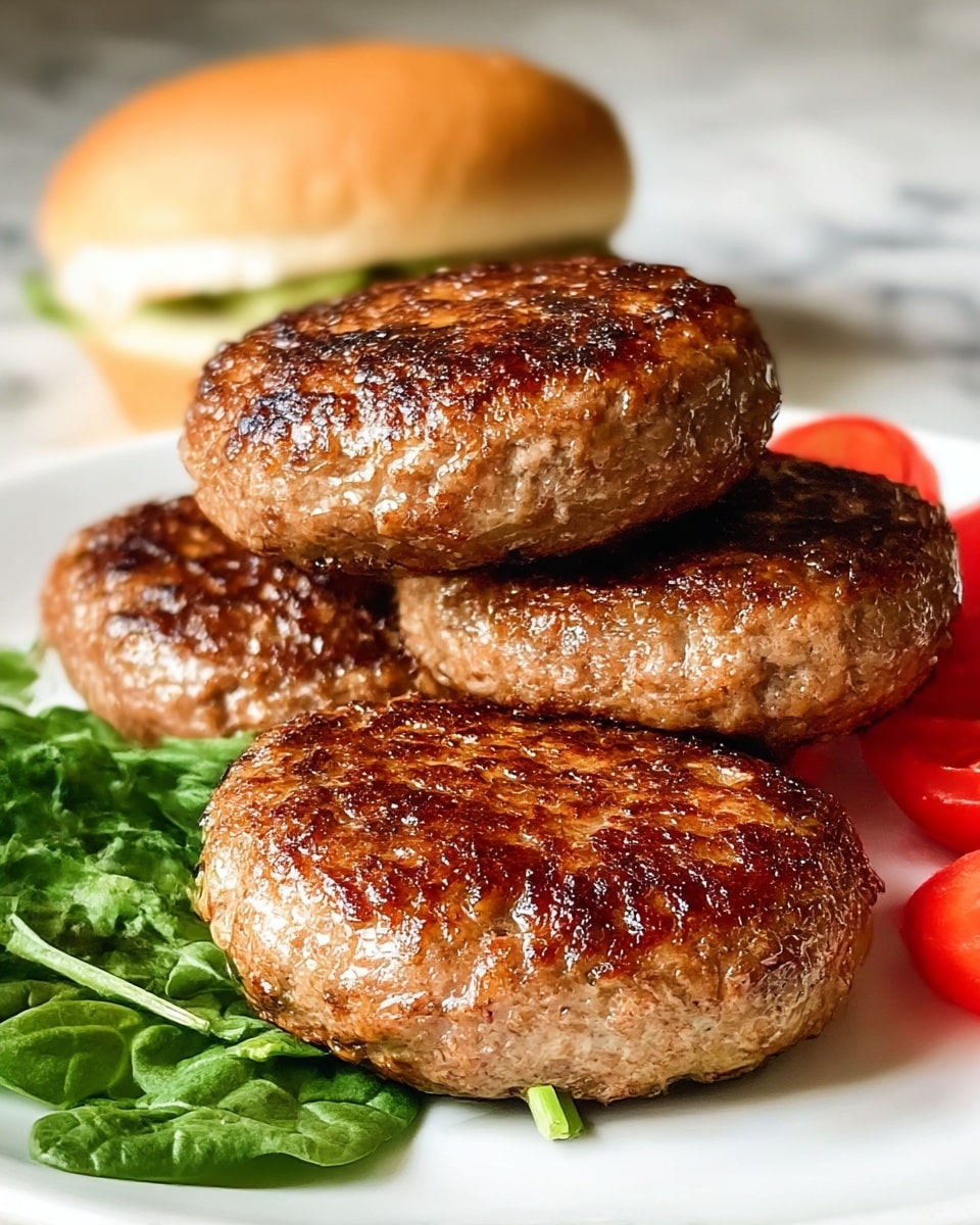 Three browned, juicy cooked burger patties with a slightly crispy texture on top sit on a white plate. Behind them is a soft, light brown hamburger bun, slightly out of focus. To the right are several bright red tomato slices, and beneath the bun and in between the patties is a small bed of fresh, green leafy spinach. The whole dish is placed on a white marbled surface. photo taken with an iphone --ar 4:5 --v 7