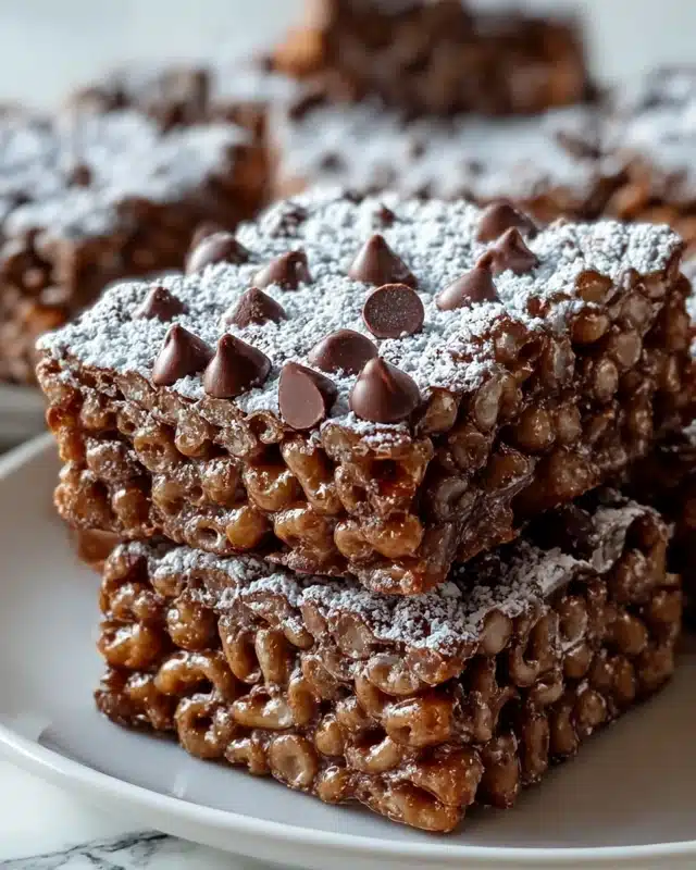A close-up image shows two square-shaped chocolate crispy treats stacked on a white plate, each consisting of a thick single layer made of puffed rice cereal mixed with melted chocolate and studded with whole milk chocolate chips. The top surface of each treat is dusted evenly with white powdered sugar, creating a textured contrast against the glossy dark brown and smooth light brown chocolate chips that peek through the cereal. The puffed rice pieces add a crunchy texture with their light brown color. The background features a white marbled texture, and the treats are slightly overlapping with more treats blurred in the background. photo taken with an iphone --ar 4:5 --v 7
