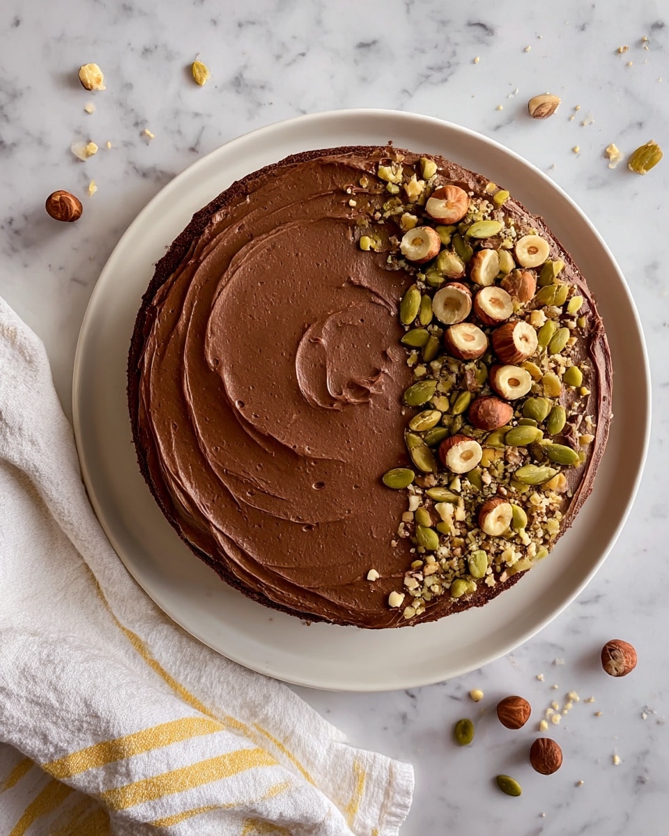 A round chocolate cake with two visible layers is covered in smooth, rich chocolate frosting. The frosting is spread evenly on the top, showing some soft textured swirls. On one side of the top layer, a mix of whole and chopped hazelnuts and green pumpkin seeds are scattered thickly in a semi-circle pattern. Some nuts are also scattered lightly around the cake on the white plate, which sits on a white marbled surface. A white and yellow striped cloth is placed near the cake, adding softness to the scene. Photo taken with an iphone --ar 4:5 --v 7