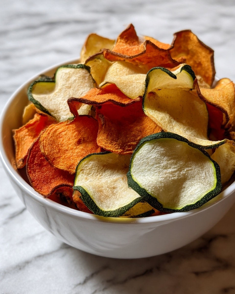A white bowl filled with an assortment of vegetable chips sits on a white marbled surface. The chips are layered with varying colors and textures: thin, curly orange sweet potato slices with slightly darker, crispy edges; pale yellow to light tan potato chips with a smooth, slightly curled surface; and green-edged, white zucchini chips with a delicate, slightly translucent look and a bit of crisp curl. The chips fill the bowl fully, creating a colorful and textured mix of thin, crunchy layers. Photo taken with an iphone --ar 4:5 --v 7