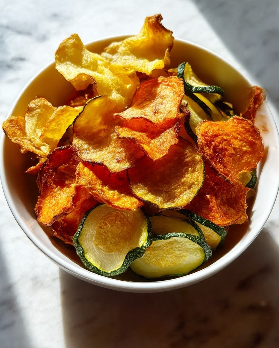 A white bowl filled with a mix of thin crispy vegetable chips, showing three main layers: the top layer has curled, golden yellow chips with slightly browned edges, the middle layer displays rich orange chips with a crisp texture, and the bottom layer reveals green-edged slices with a light yellow center, all layered together inside the bowl. The bowl sits on a white marbled surface with soft natural light highlighting the varied textures and warm tones of the chips. photo taken with an iphone --ar 4:5 --v 7