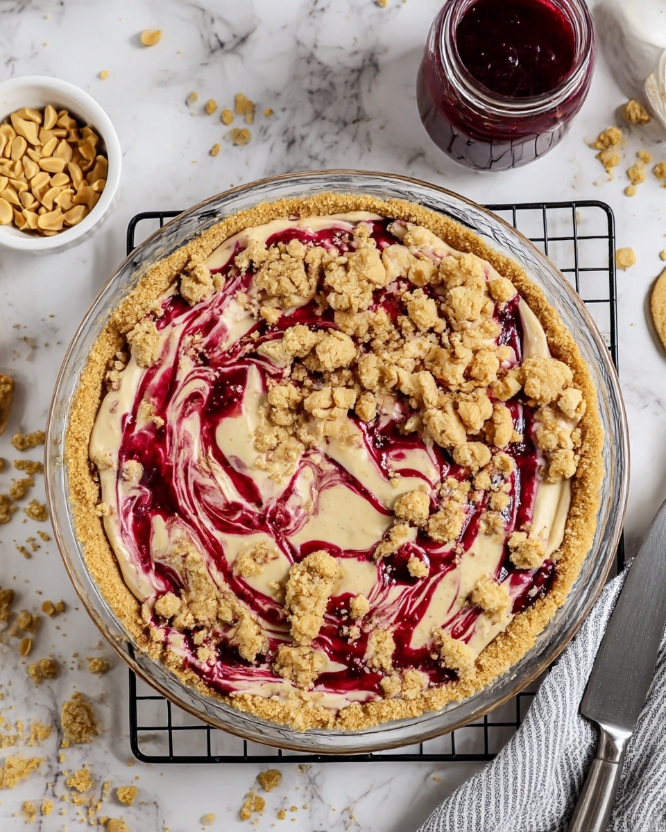 A pie with three visible layers is shown from above. The bottom layer is a golden, crumbly crust pressed into a clear glass pie dish. Above that is a light tan creamy layer swirled with a rich dark red berry sauce, creating a marbled effect across the entire pie surface. The top layer consists of uneven golden crumb clusters covering the center of the pie, leaving the swirled cream and berry mix visible around the edges. The pie rests on a black cooling rack placed on a white marbled surface, with scattered crumbs, a small white bowl of chopped peanuts, a jar of dark red berry sauce, and a striped gray-white cloth with a knife next to the pie. Photo taken with an iphone --ar 4:5 --v 7