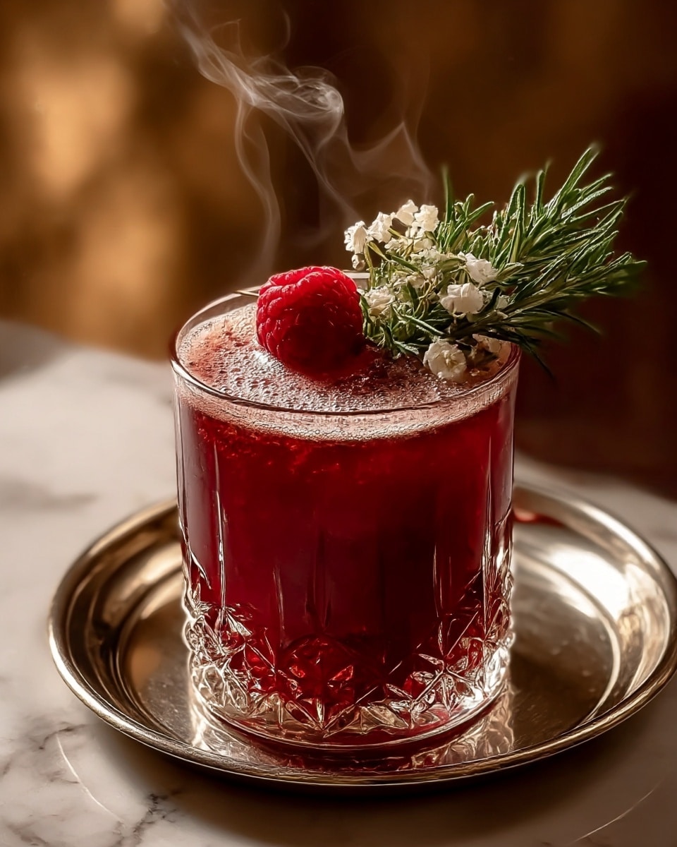 A deep red drink with a frothy top is served in a clear, ornate glass that has a patterned texture at the bottom half. The drink is placed on a small shiny metal tray with a raised edge, which sits on a white marbled surface. On top of the drink, there is a single red raspberry, a small sprig of green rosemary, and a small cluster of white flowers. Wisps of steam rise gently from the drink, adding a sense of warmth. The background is blurred with warm tones, creating a cozy feel. photo taken with an iphone --ar 4:5 --v 7