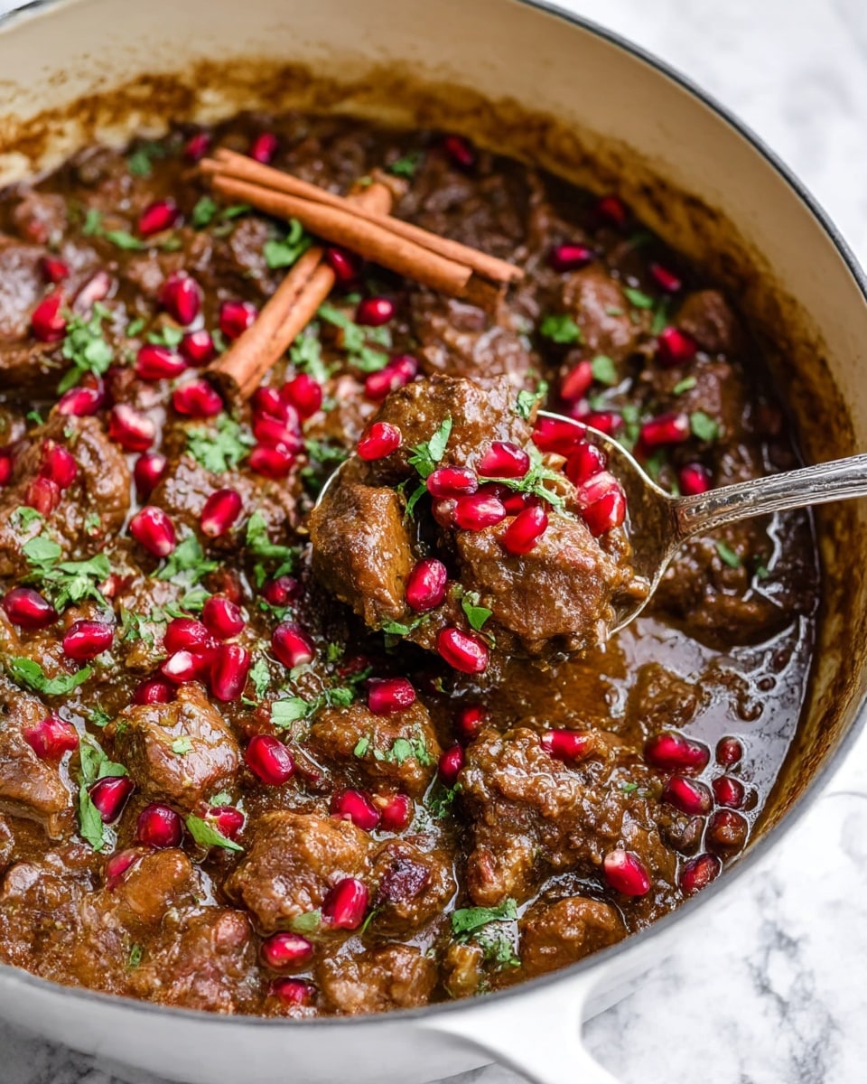 The image shows a pot filled with a rich, brown stew made of chunks of tender meat mixed with a thick, textured sauce. Scattered on top are bright red pomegranate seeds adding a shiny and fresh contrast. Fresh green chopped herbs are sprinkled over the dish for a pop of color. A pair of cinnamon sticks rests on the stew, adding a rustic and warm feel. A silver spoon scoops some of the stew, showing the thick consistency and pieces of meat and onions. The pot is white with a soft cream inside, placed on a white marbled textured surface. photo taken with an iphone --ar 4:5 --v 7