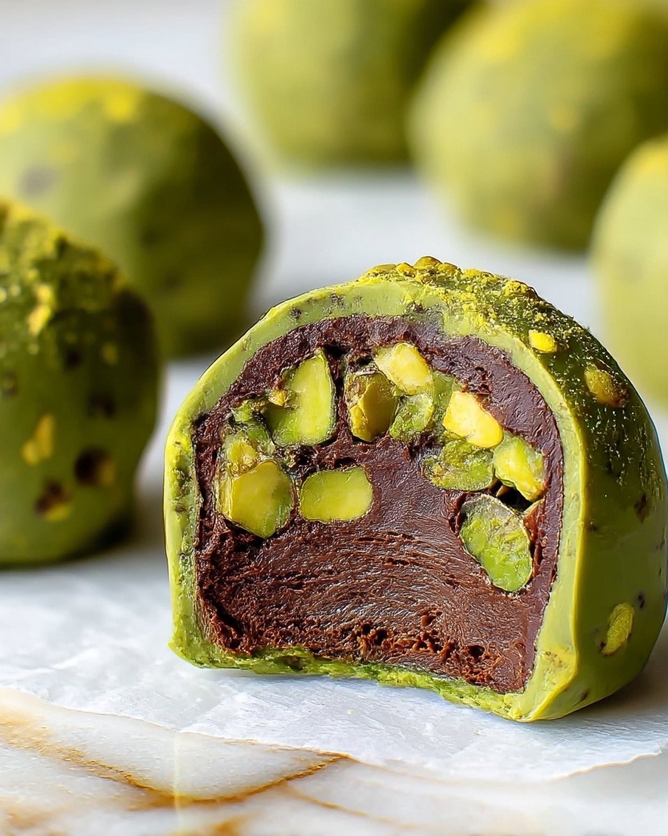 The image shows a close-up of a round chocolate truffle cut in half to reveal its inside. The outer layer is green with a slightly bumpy texture and small light yellow bits scattered on it. Inside, there is a thick, dark brown layer that looks smooth and moist with small pieces of green pistachio nuts embedded throughout. The truffle rests on white parchment paper with a white marbled texture surface underneath, and blurred green-coated truffles can be seen in the background. photo taken with an iphone --ar 4:5 --v 7