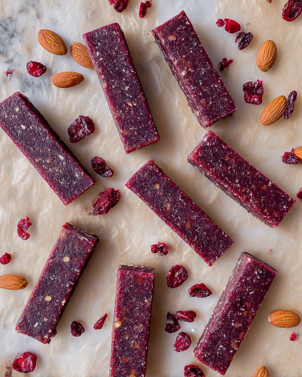 The image shows seven rectangular fruit and nut bars arranged randomly on light brown parchment paper, which is placed on a white marbled surface. The bars are a deep reddish-purple color with a slightly rough texture, showing bits of nuts and dried fruit inside. Surrounding the bars are whole almonds and scattered bright red dried cranberries, adding contrast and detail to the scene. The overall look is natural and healthy with a simple, clean background. photo taken with an iphone --ar 4:5 --v 7