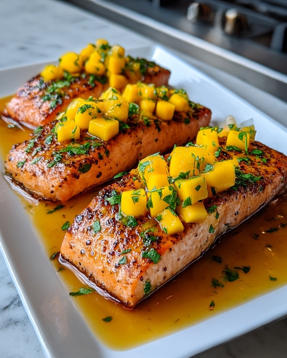 Three pieces of grilled salmon with a golden brown crust and black pepper flakes are placed side by side on a white rectangular plate. Each salmon piece is topped with small, bright yellow mango cubes mixed with finely chopped green herbs. The plate holds a glossy, light brown sauce that pools around the salmon and mango, adding a shiny texture. The background shows a white marbled surface with a blurred kitchen stove visible. photo taken with an iphone --ar 4:5 --v 7